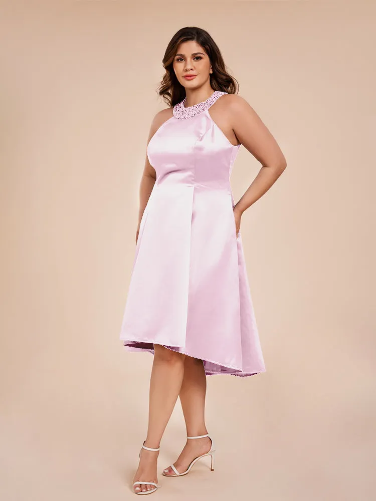 Halter A-Line Knee Length Satin Mother of the Bride Dress With Beading