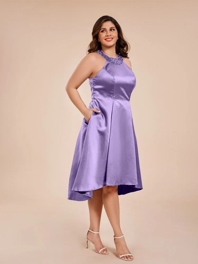 Halter A-Line Knee Length Satin Mother of the Bride Dress With Beading