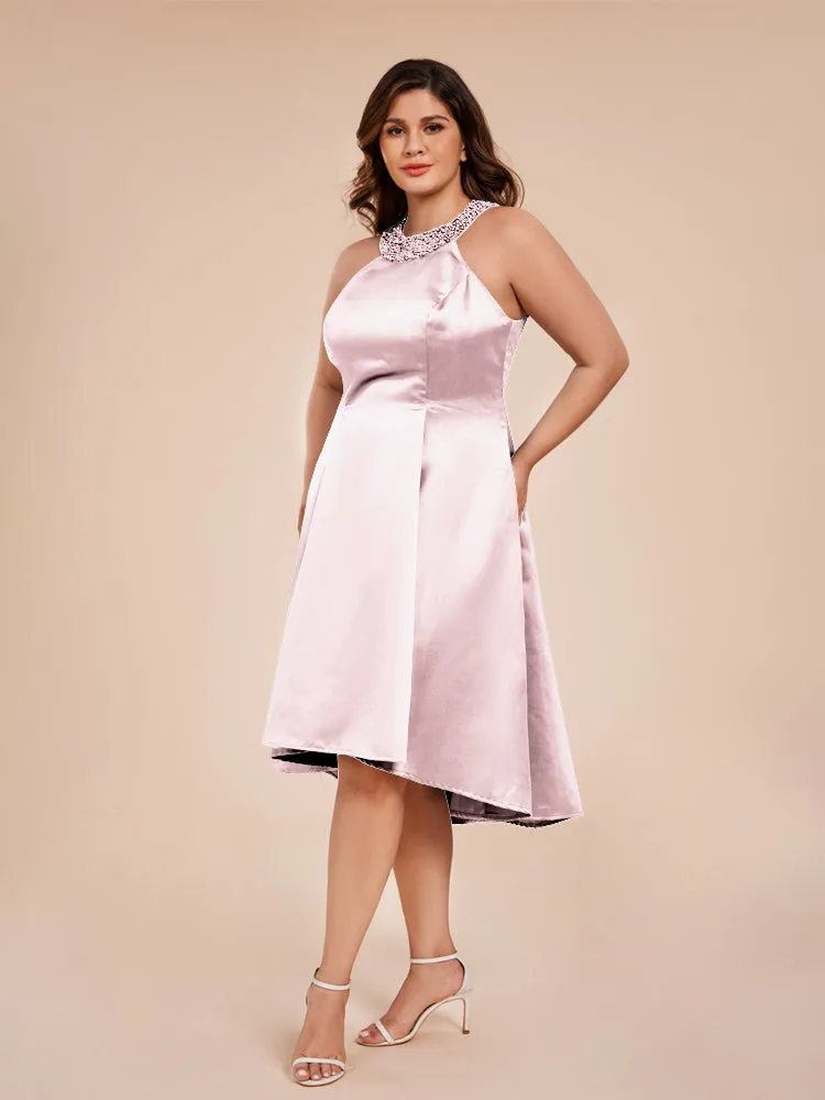 Halter A-Line Knee Length Satin Mother of the Bride Dress With Beading