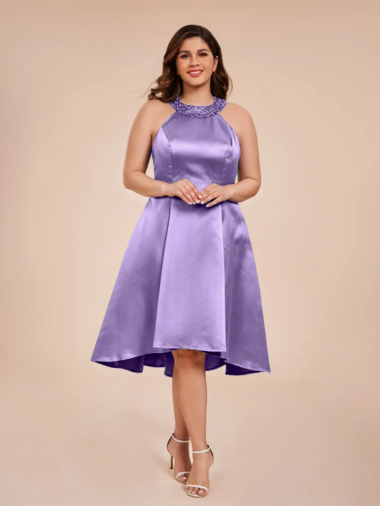 Halter A-Line Knee Length Satin Mother of the Bride Dress With Beading