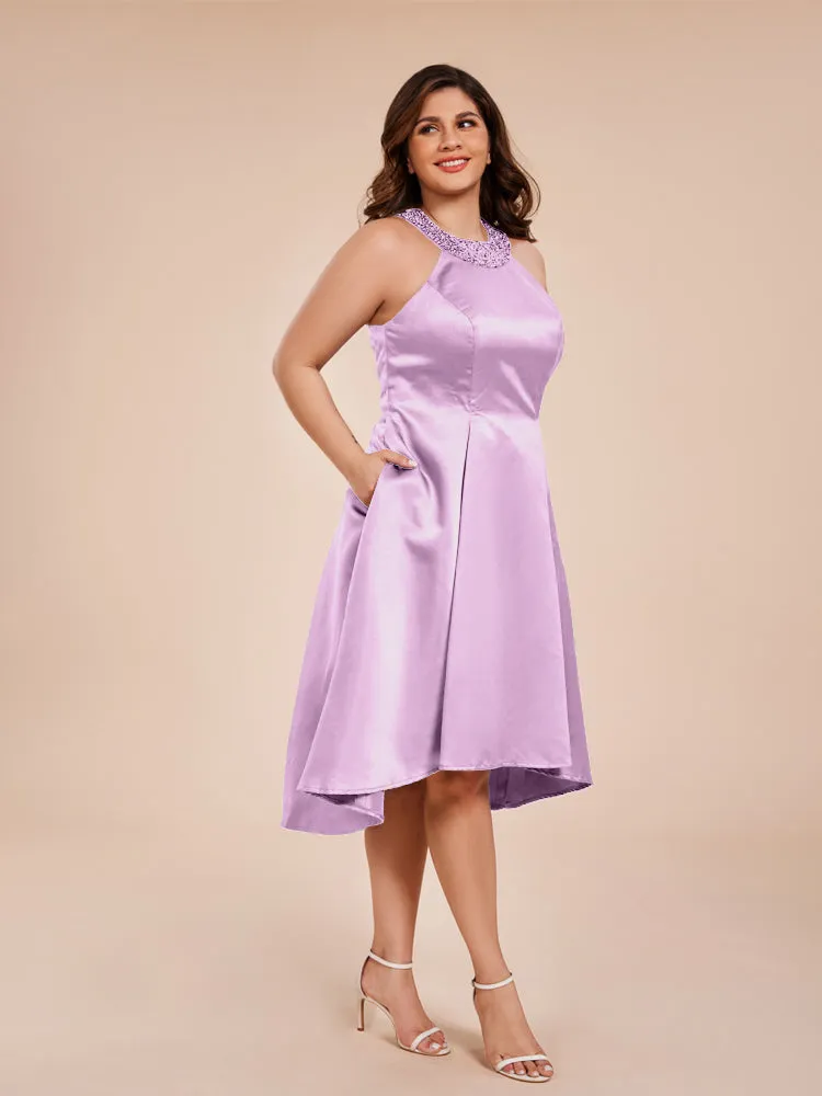 Halter A-Line Knee Length Satin Mother of the Bride Dress With Beading