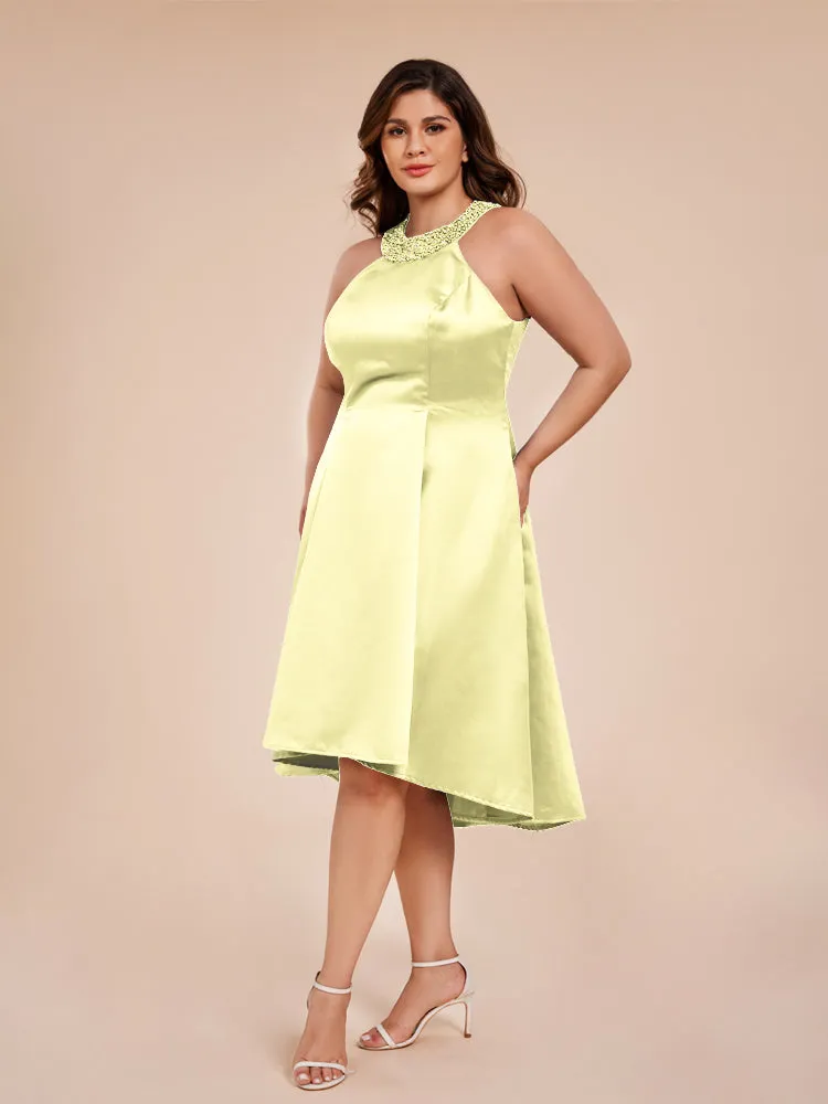 Halter A-Line Knee Length Satin Mother of the Bride Dress With Beading