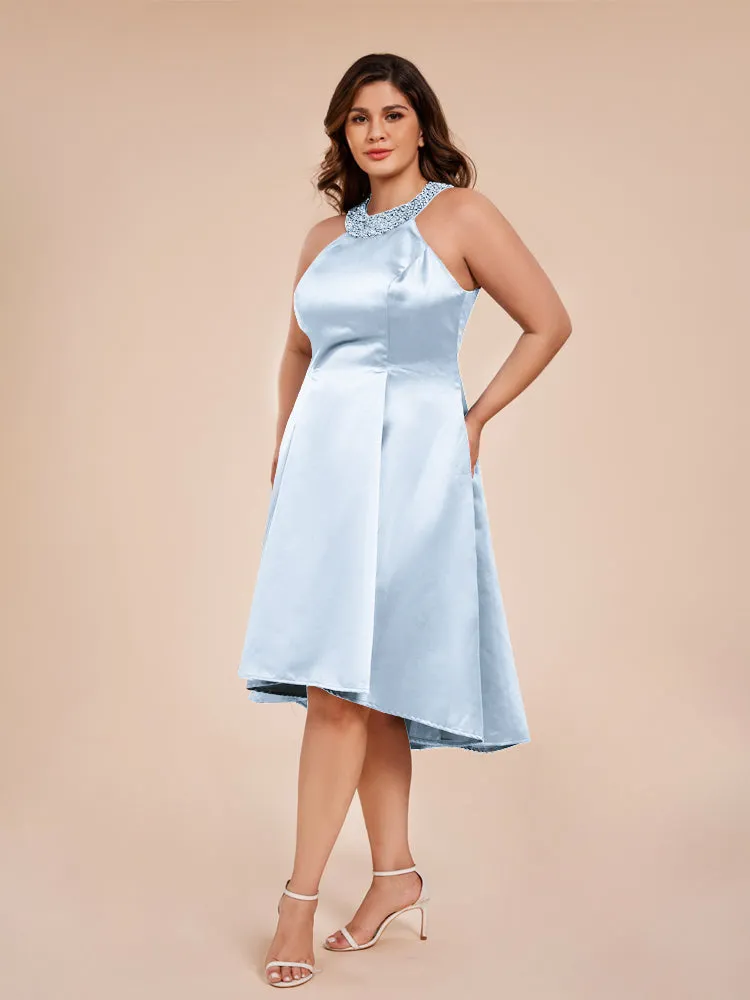 Halter A-Line Knee Length Satin Mother of the Bride Dress With Beading