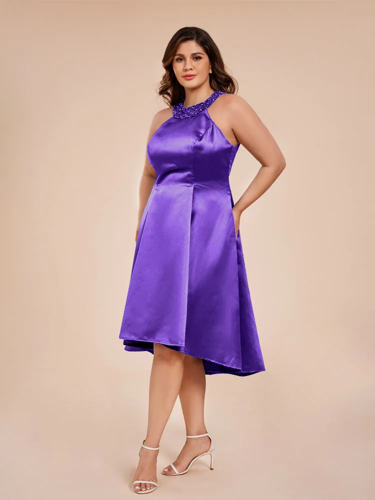 Halter A-Line Knee Length Satin Mother of the Bride Dress With Beading