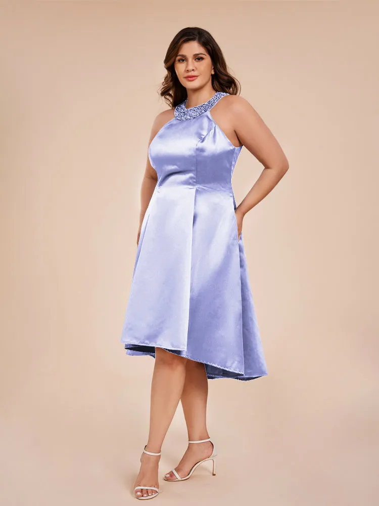 Halter A-Line Knee Length Satin Mother of the Bride Dress With Beading