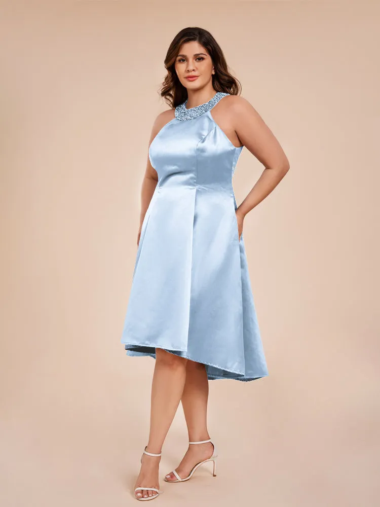 Halter A-Line Knee Length Satin Mother of the Bride Dress With Beading