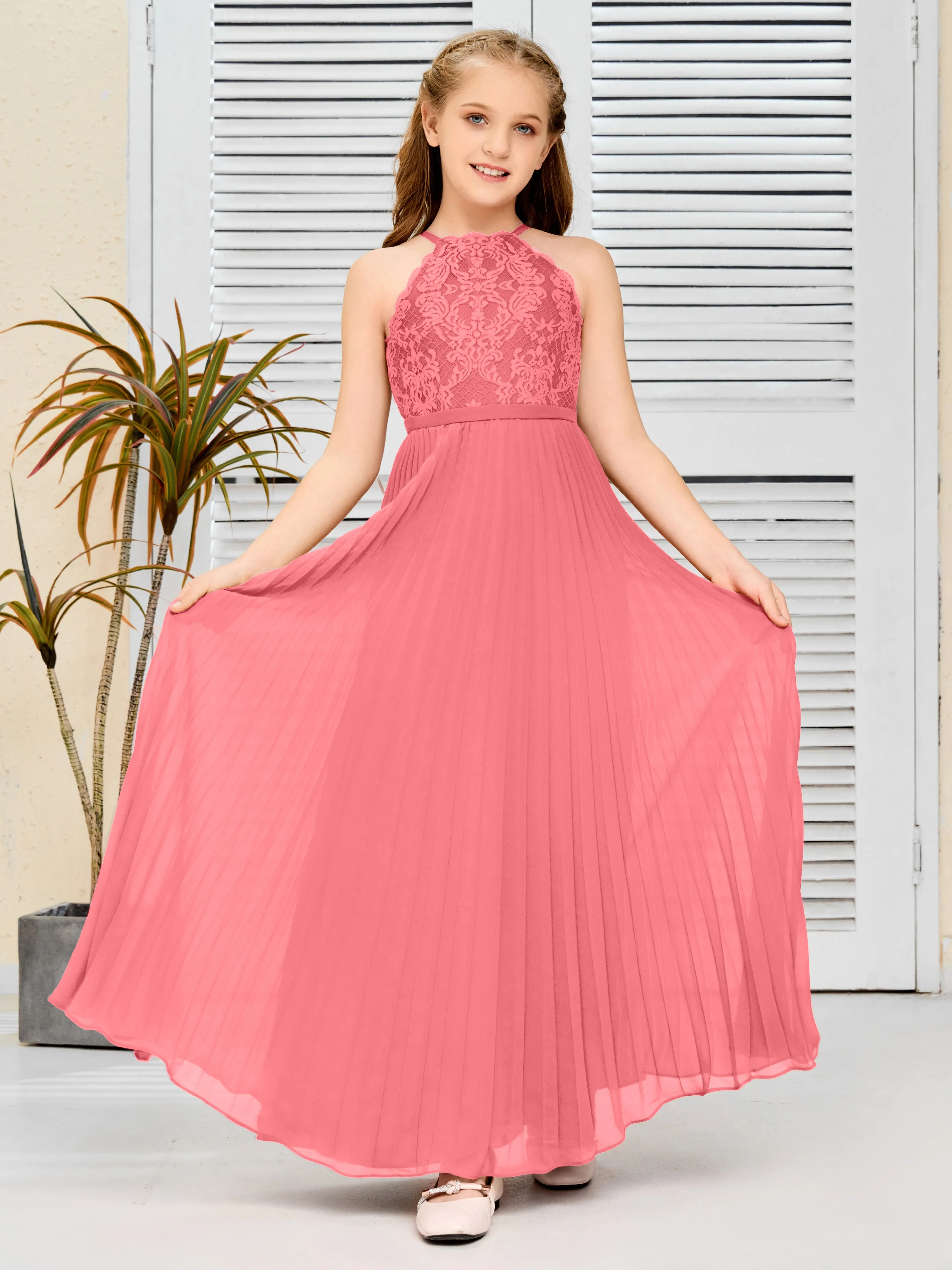 Halter Lace Sleeveless Junior Bridesmaid Dress