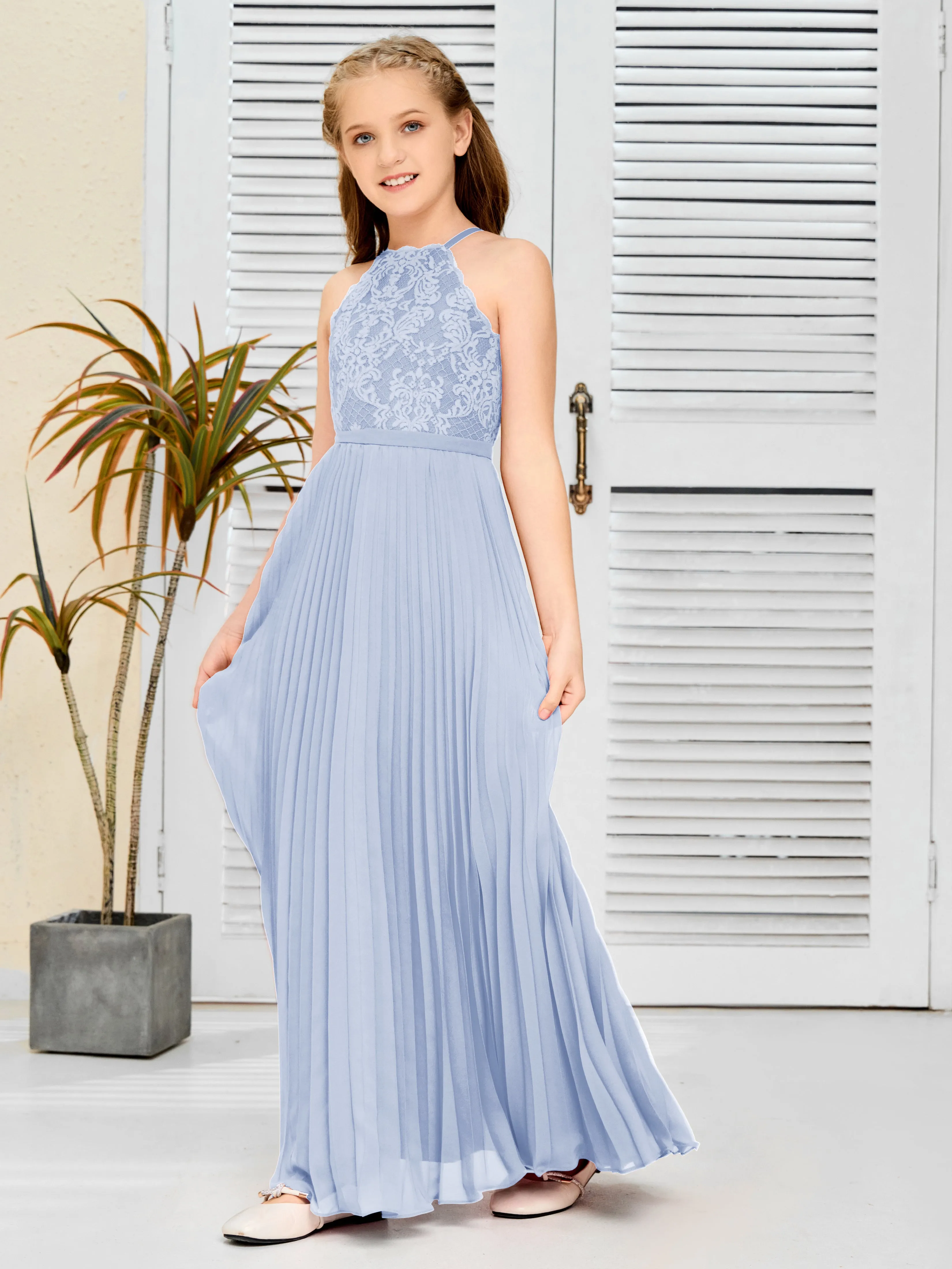 Halter Lace Sleeveless Junior Bridesmaid Dress