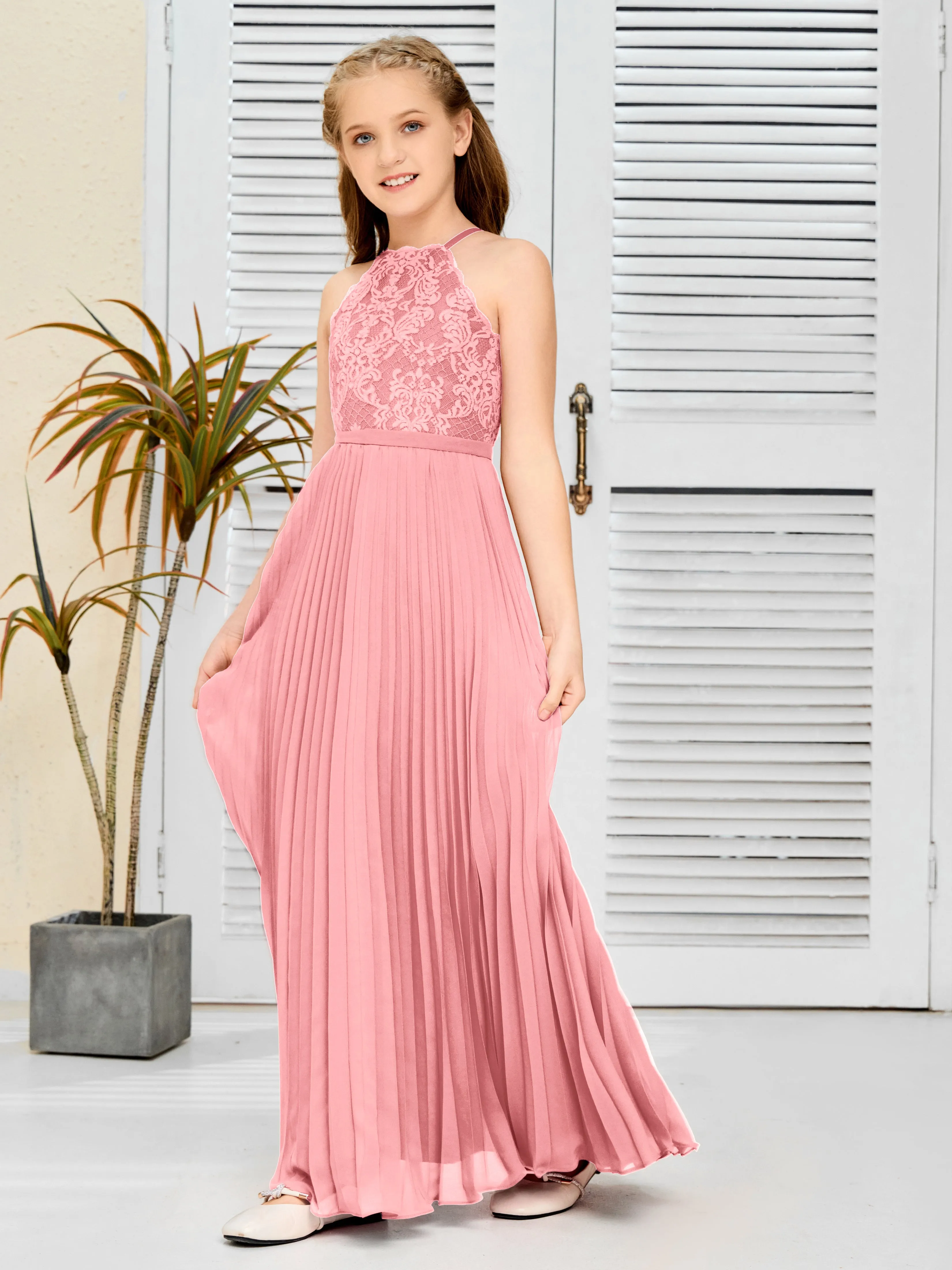 Halter Lace Sleeveless Junior Bridesmaid Dress