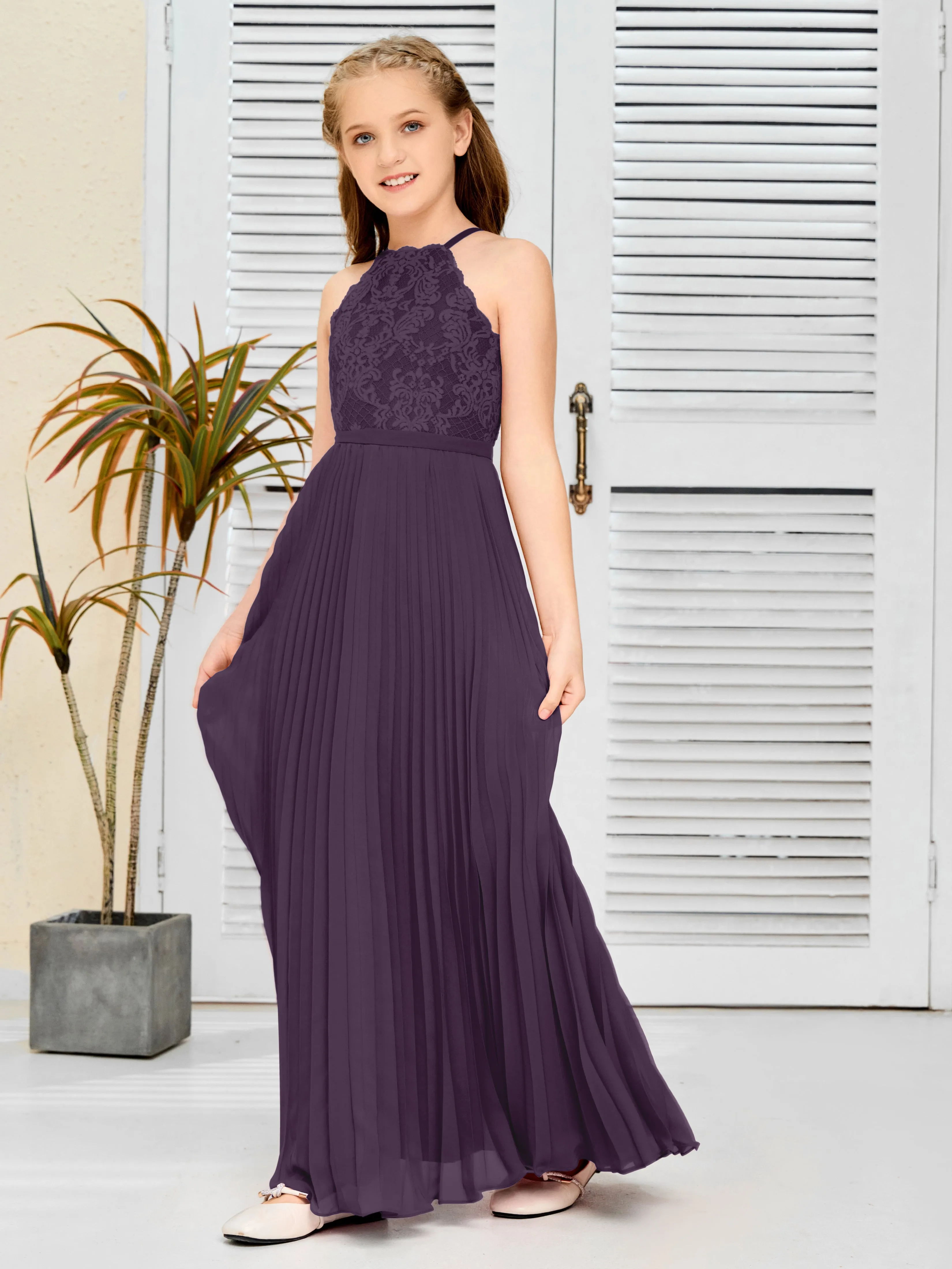 Halter Lace Sleeveless Junior Bridesmaid Dress