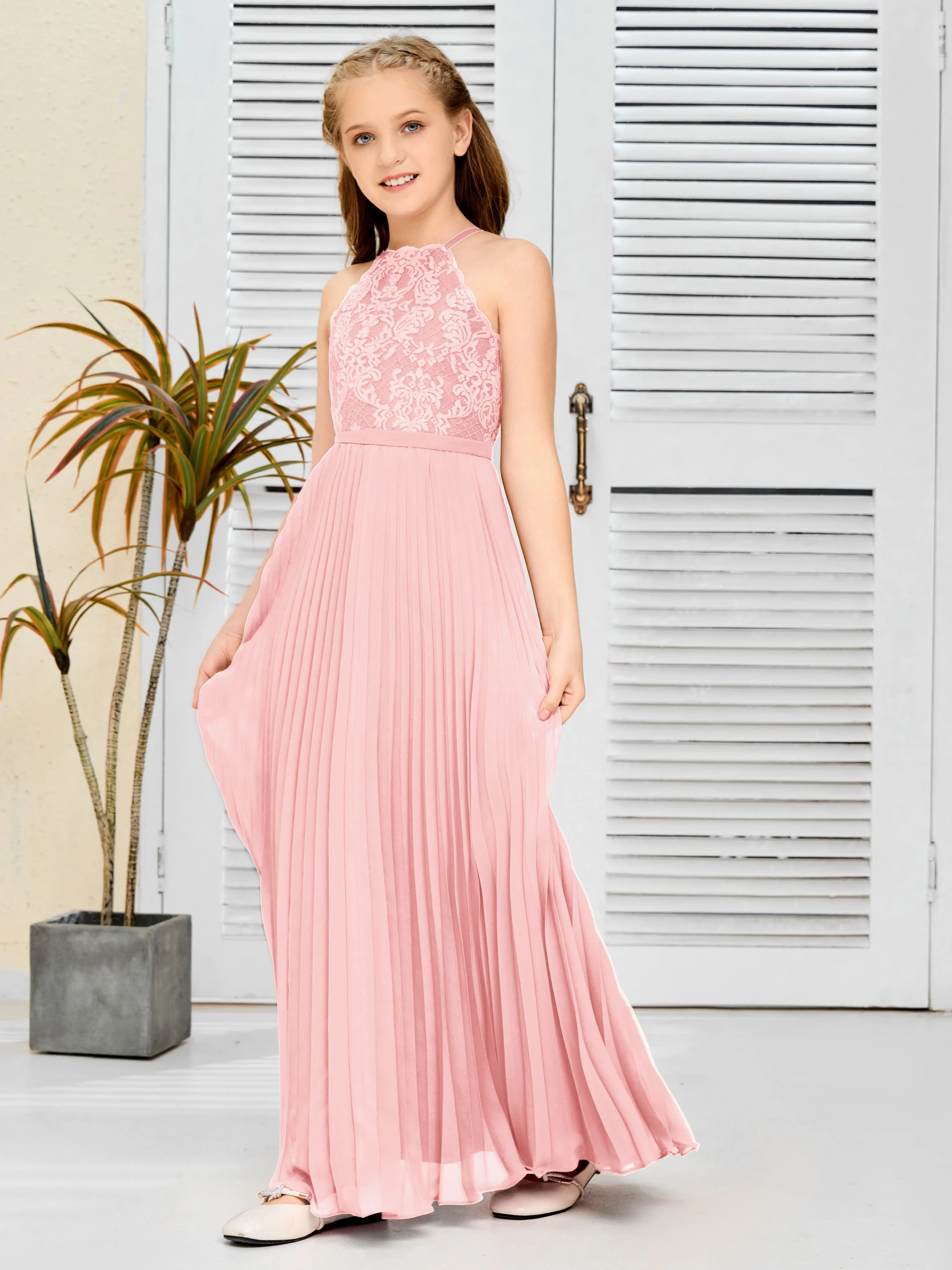 Halter Lace Sleeveless Junior Bridesmaid Dress