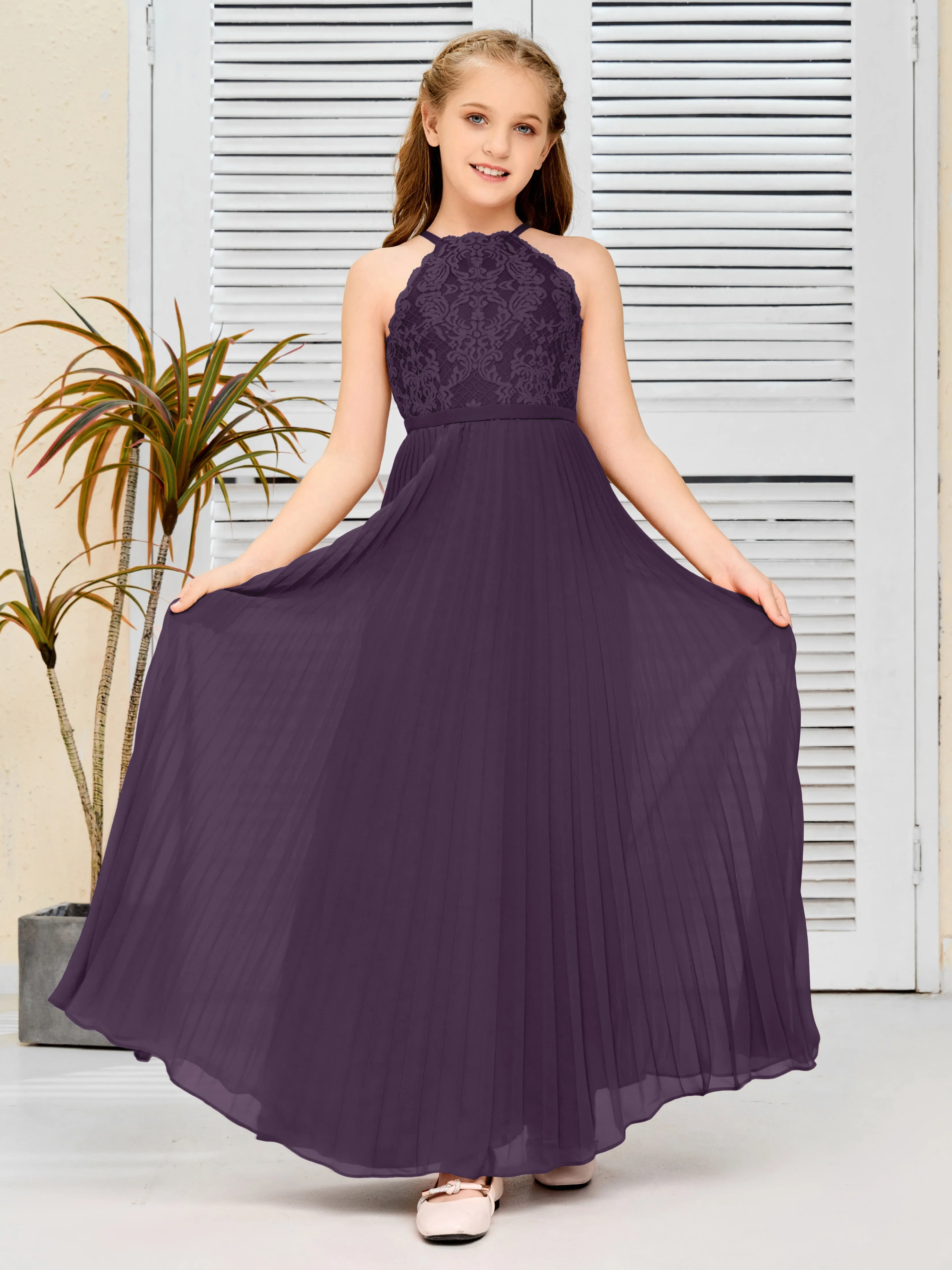 Halter Lace Sleeveless Junior Bridesmaid Dress