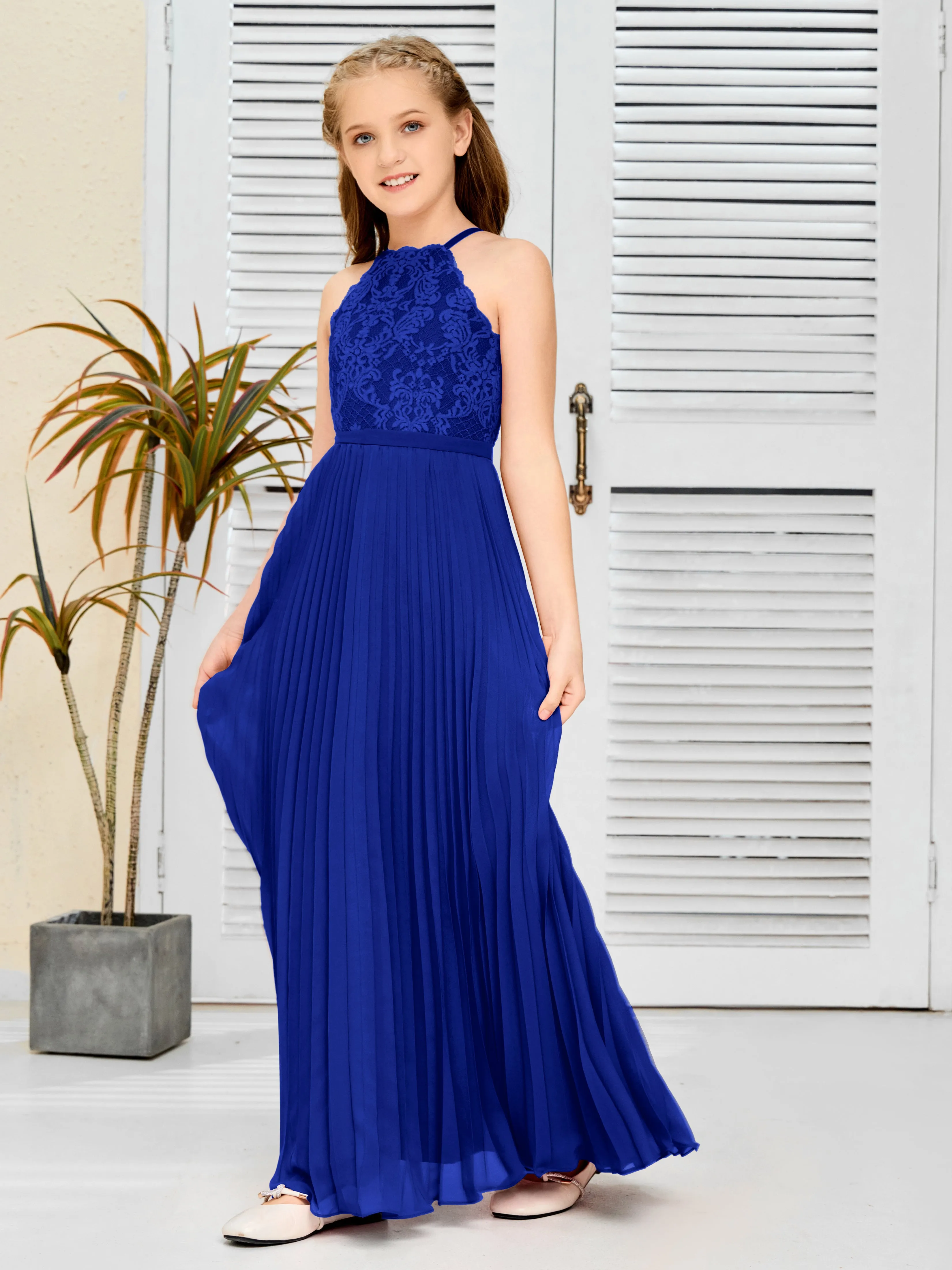 Halter Lace Sleeveless Junior Bridesmaid Dress