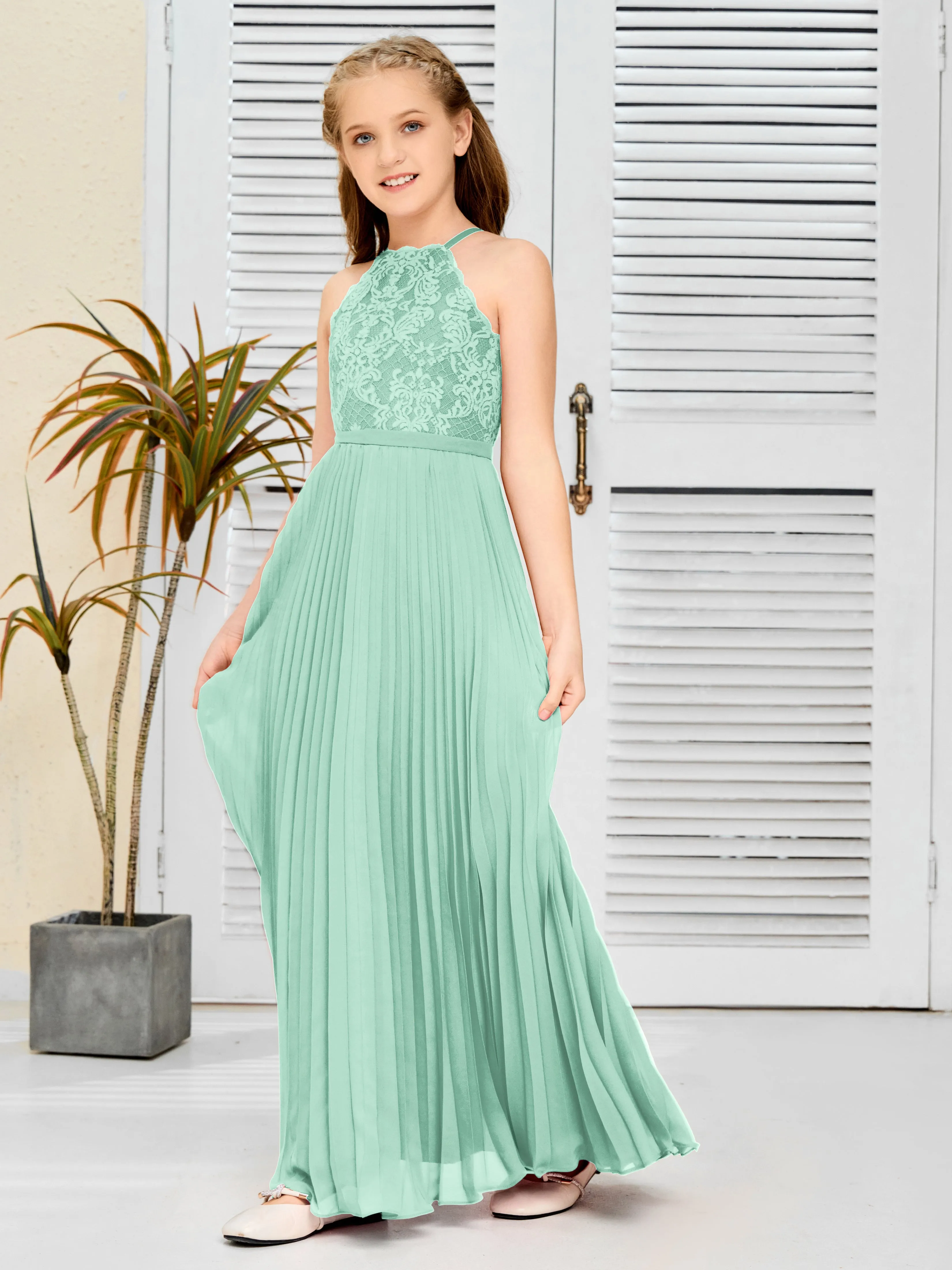 Halter Lace Sleeveless Junior Bridesmaid Dress