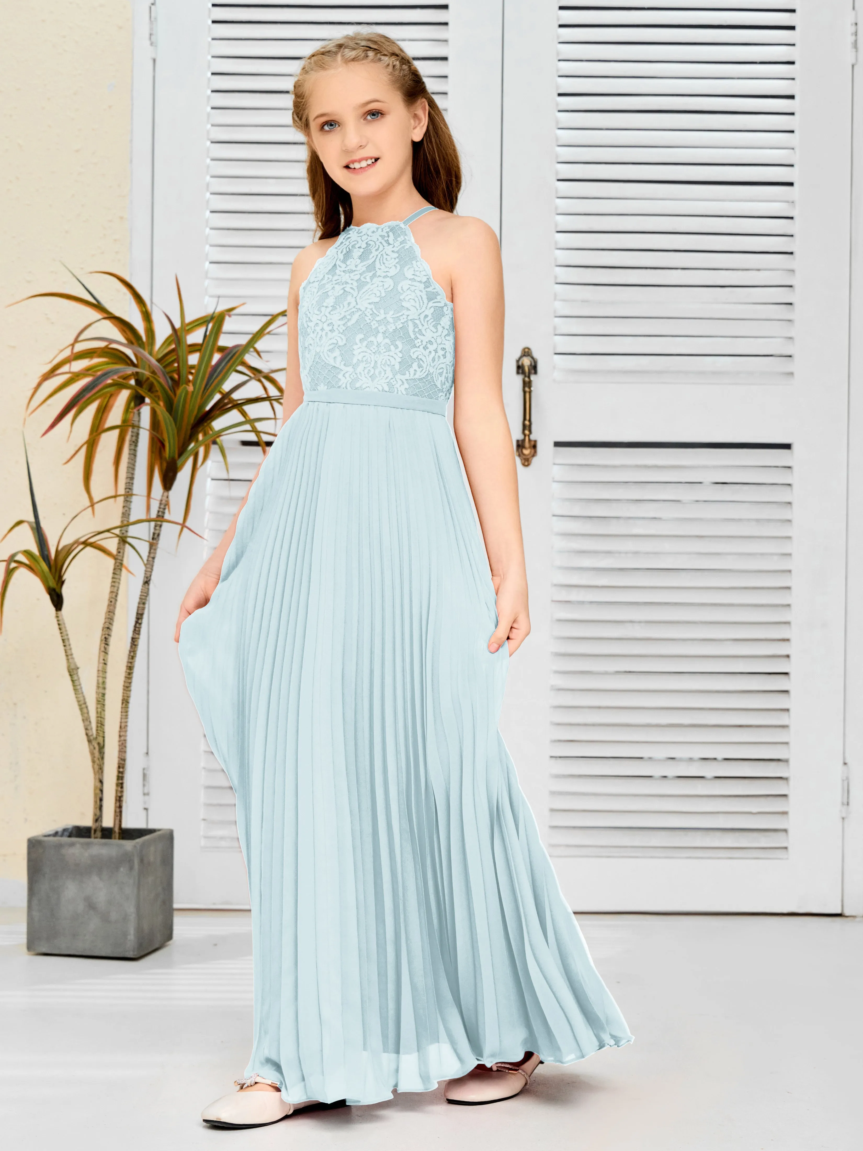 Halter Lace Sleeveless Junior Bridesmaid Dress