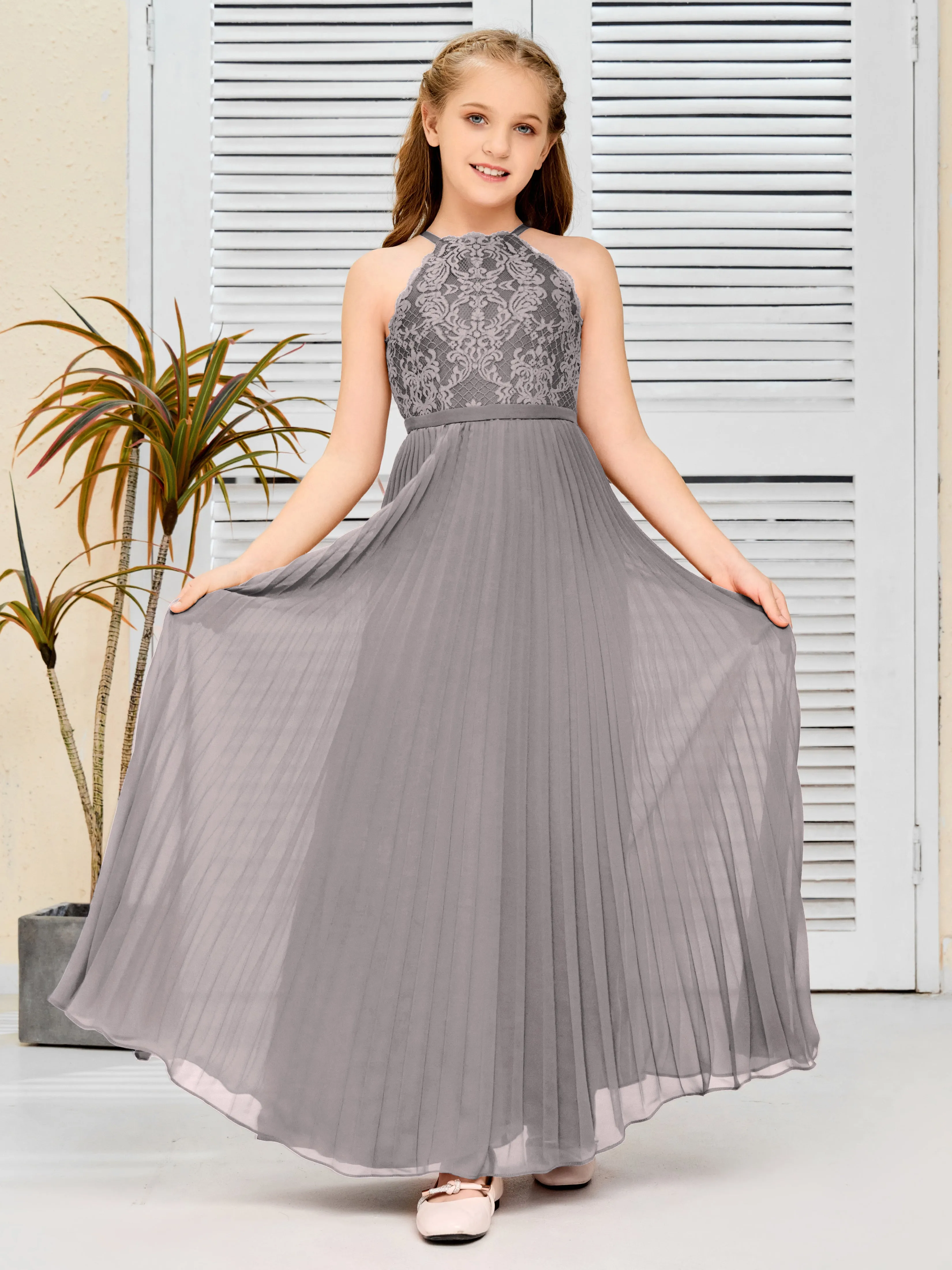 Halter Lace Sleeveless Junior Bridesmaid Dress