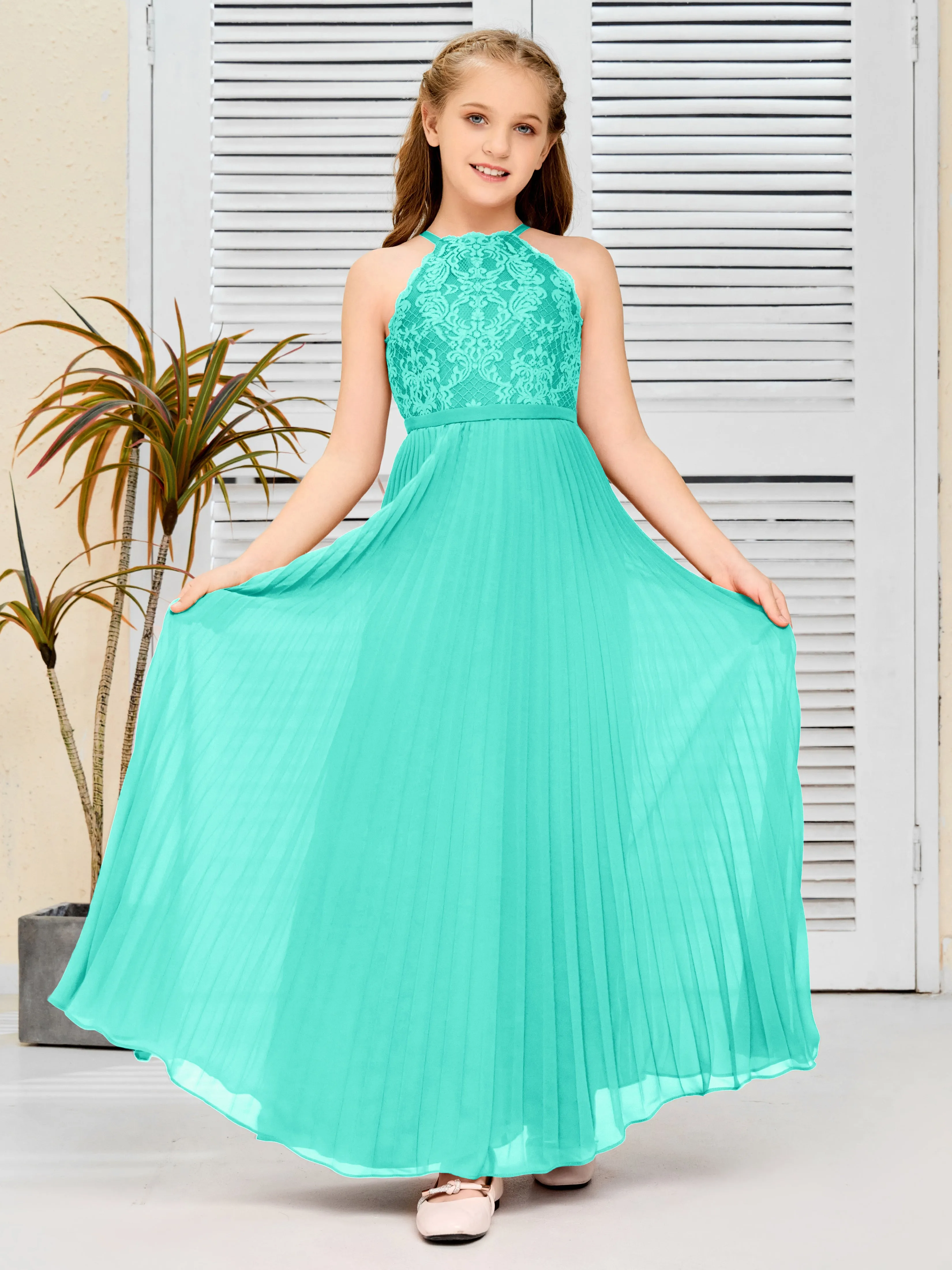 Halter Lace Sleeveless Junior Bridesmaid Dress