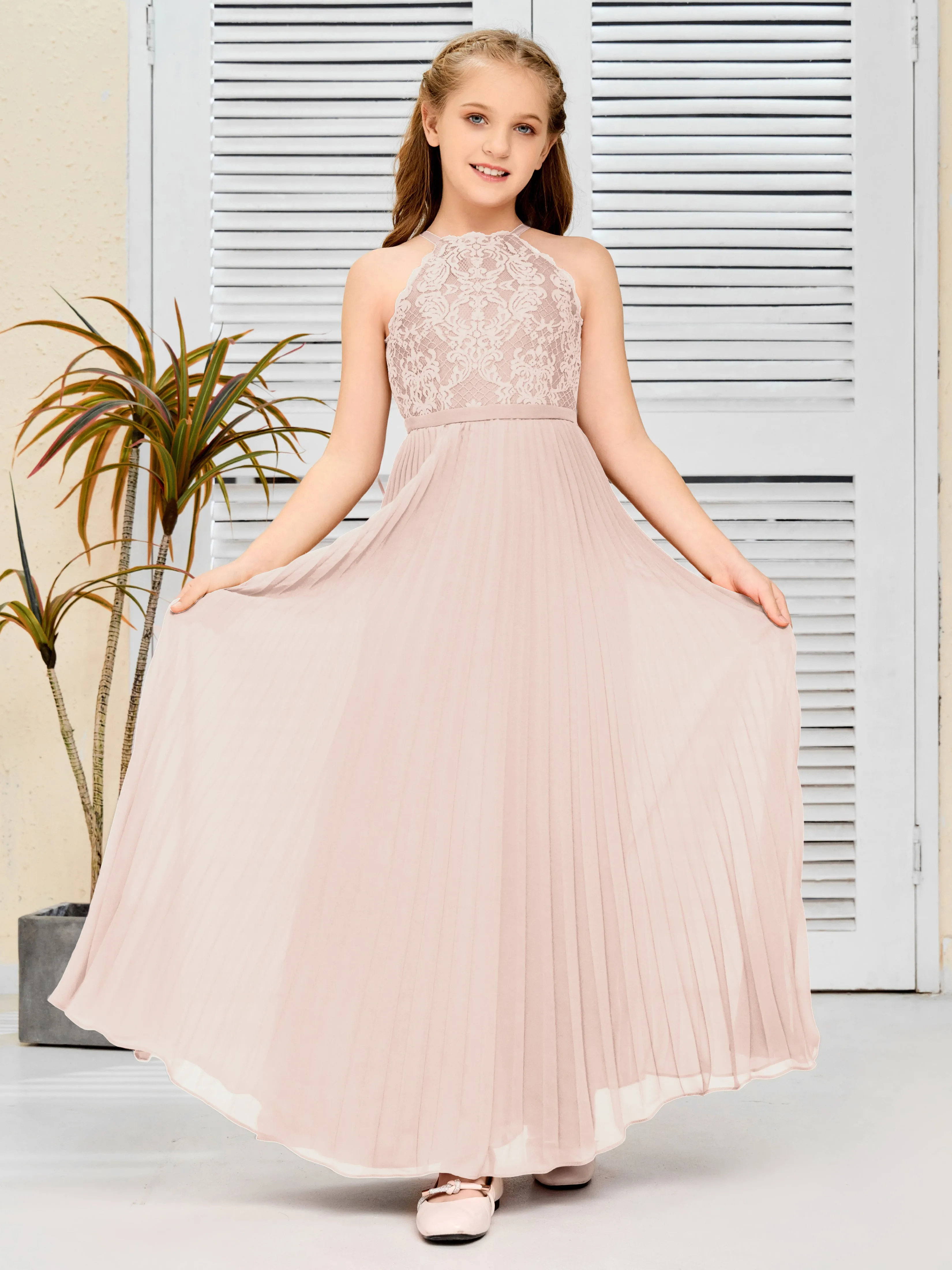 Halter Lace Sleeveless Junior Bridesmaid Dress