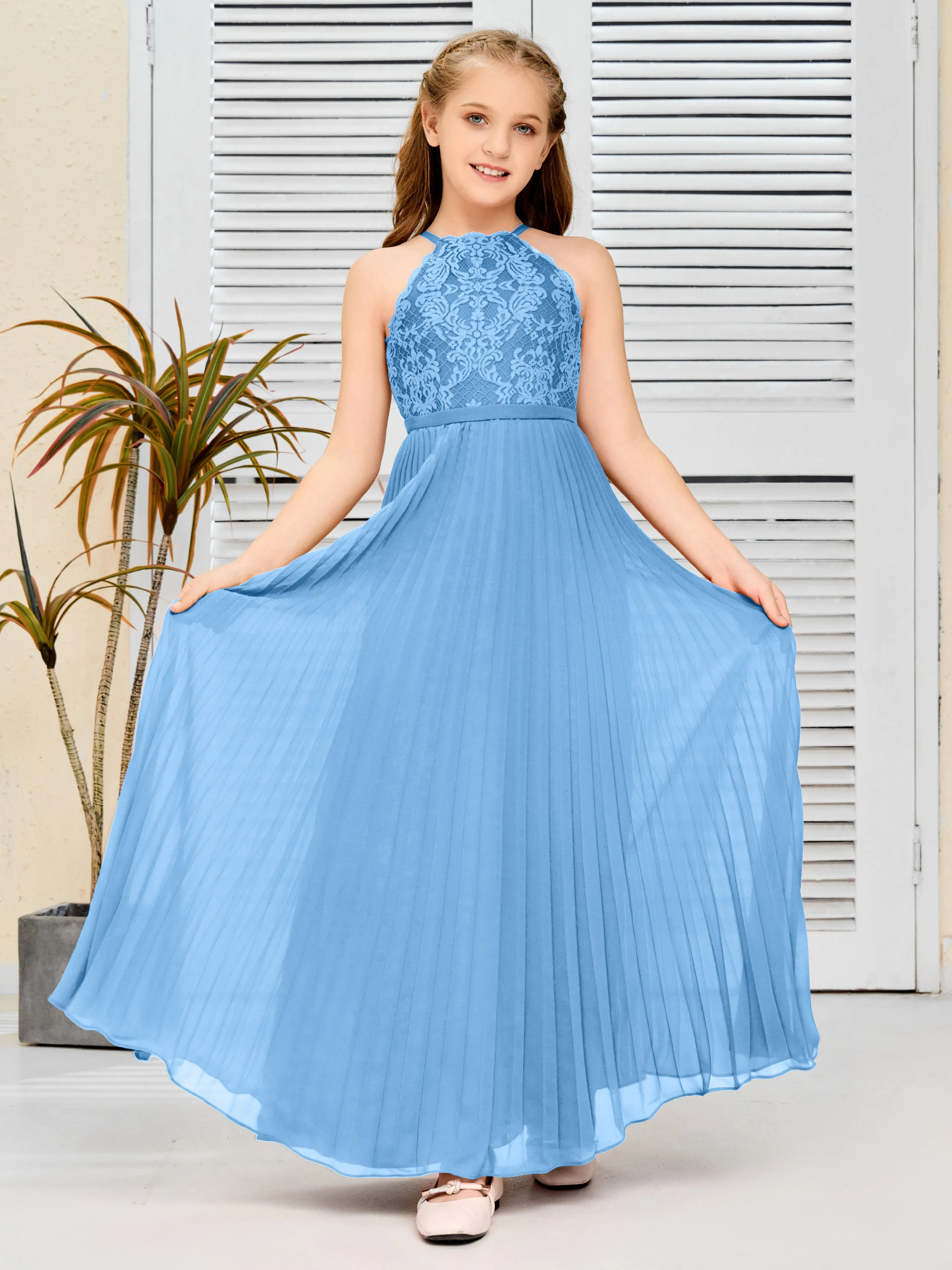 Halter Lace Sleeveless Junior Bridesmaid Dress