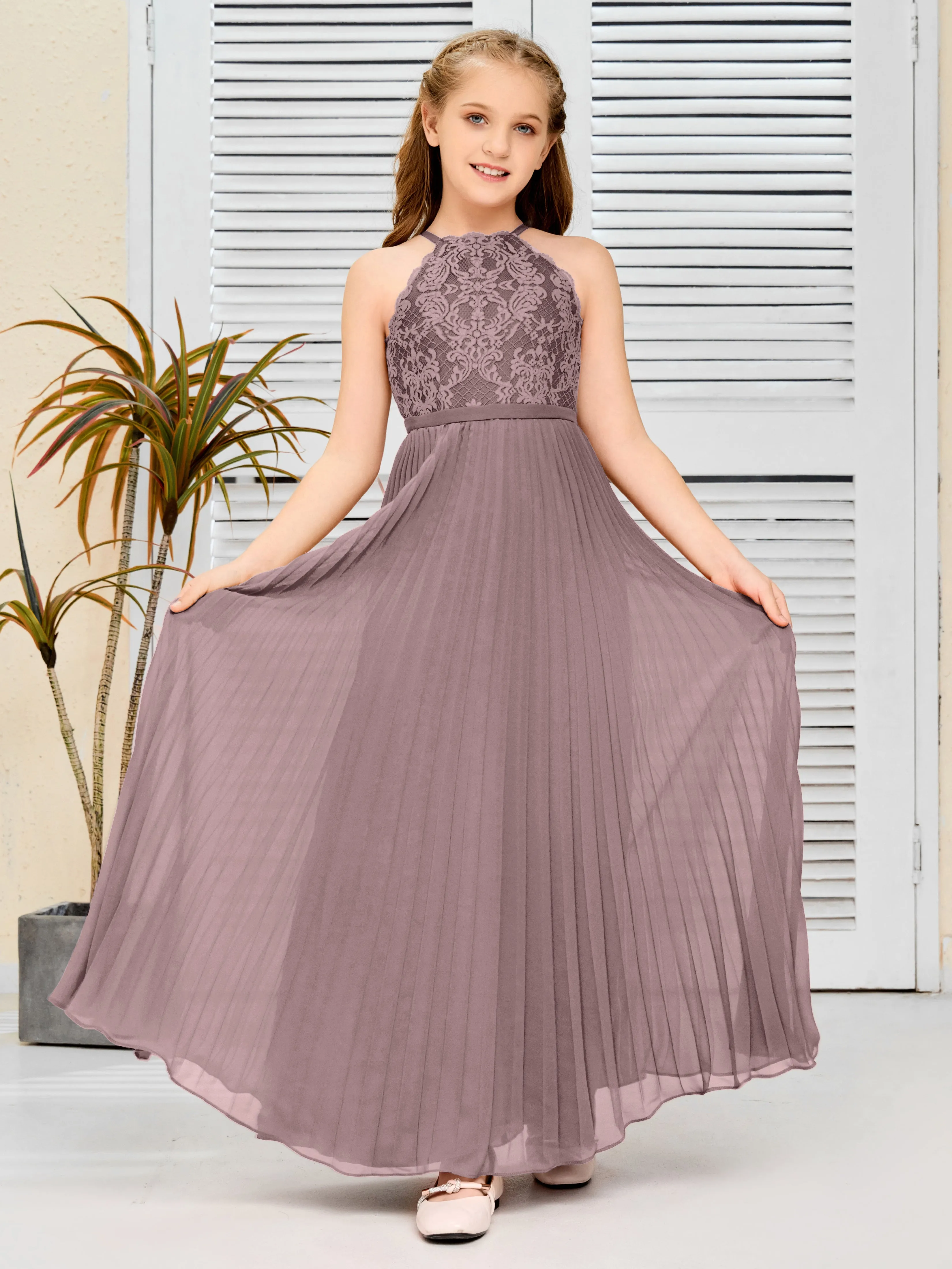 Halter Lace Sleeveless Junior Bridesmaid Dress