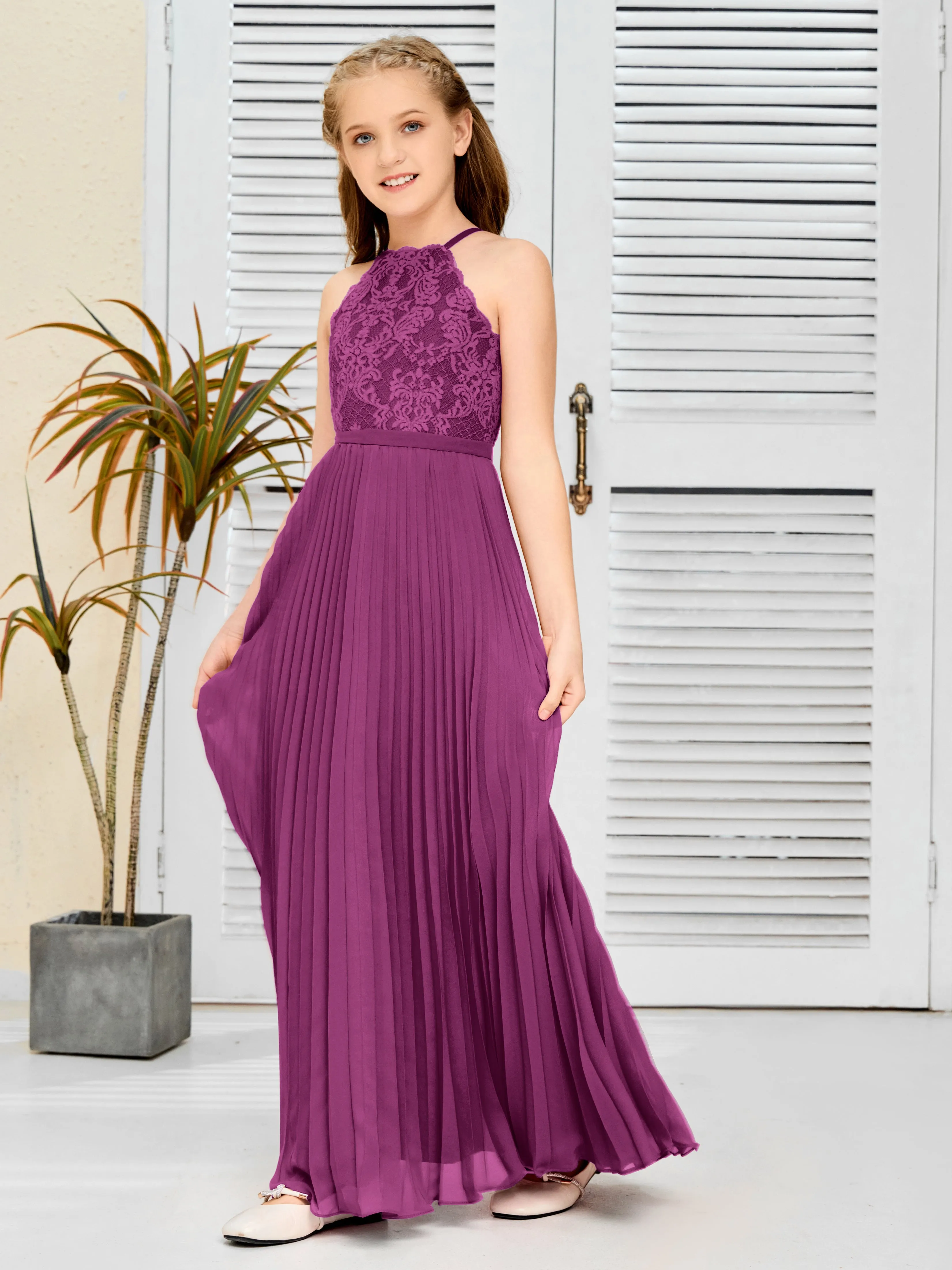 Halter Lace Sleeveless Junior Bridesmaid Dress