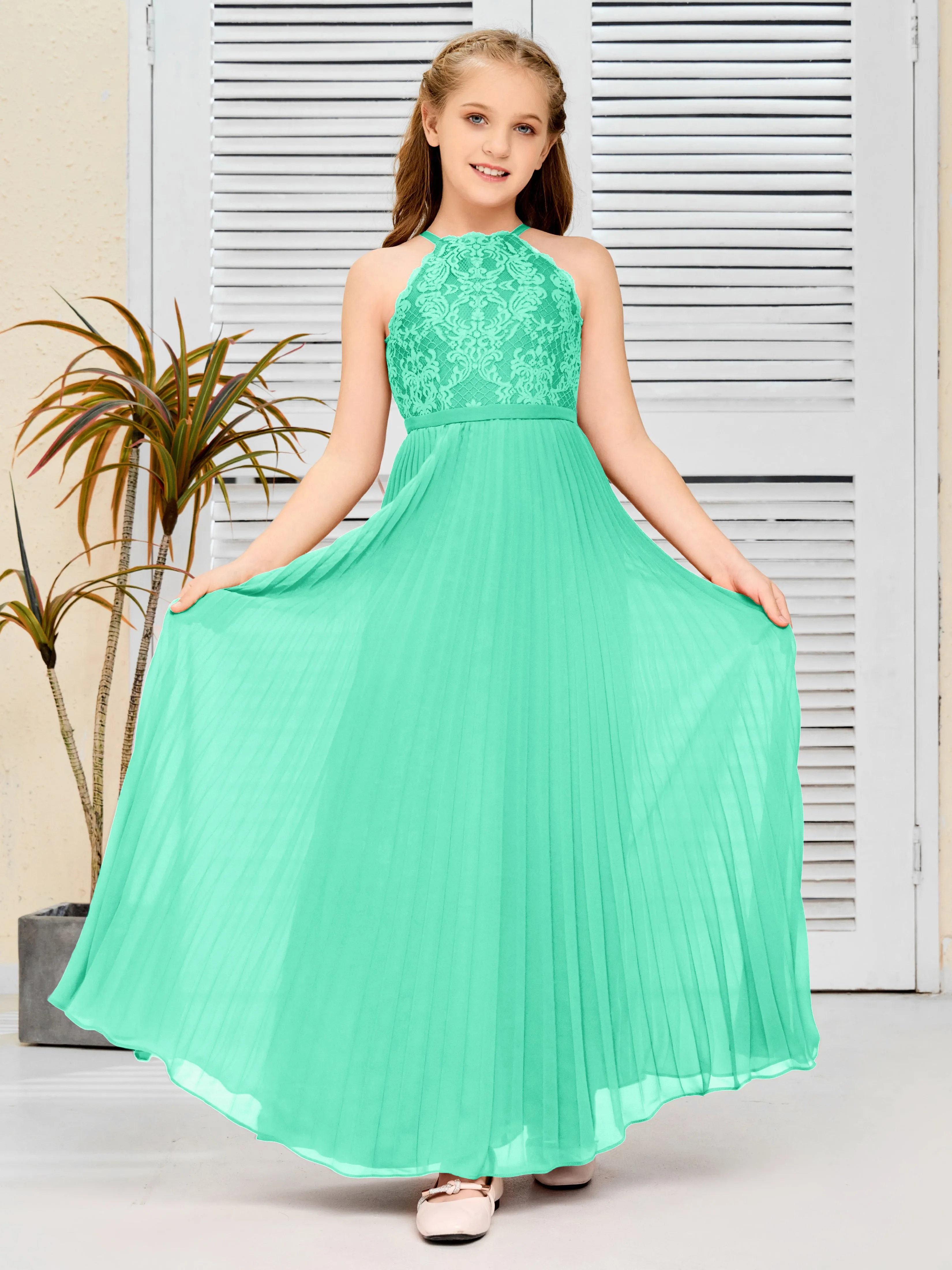 Halter Lace Sleeveless Junior Bridesmaid Dress