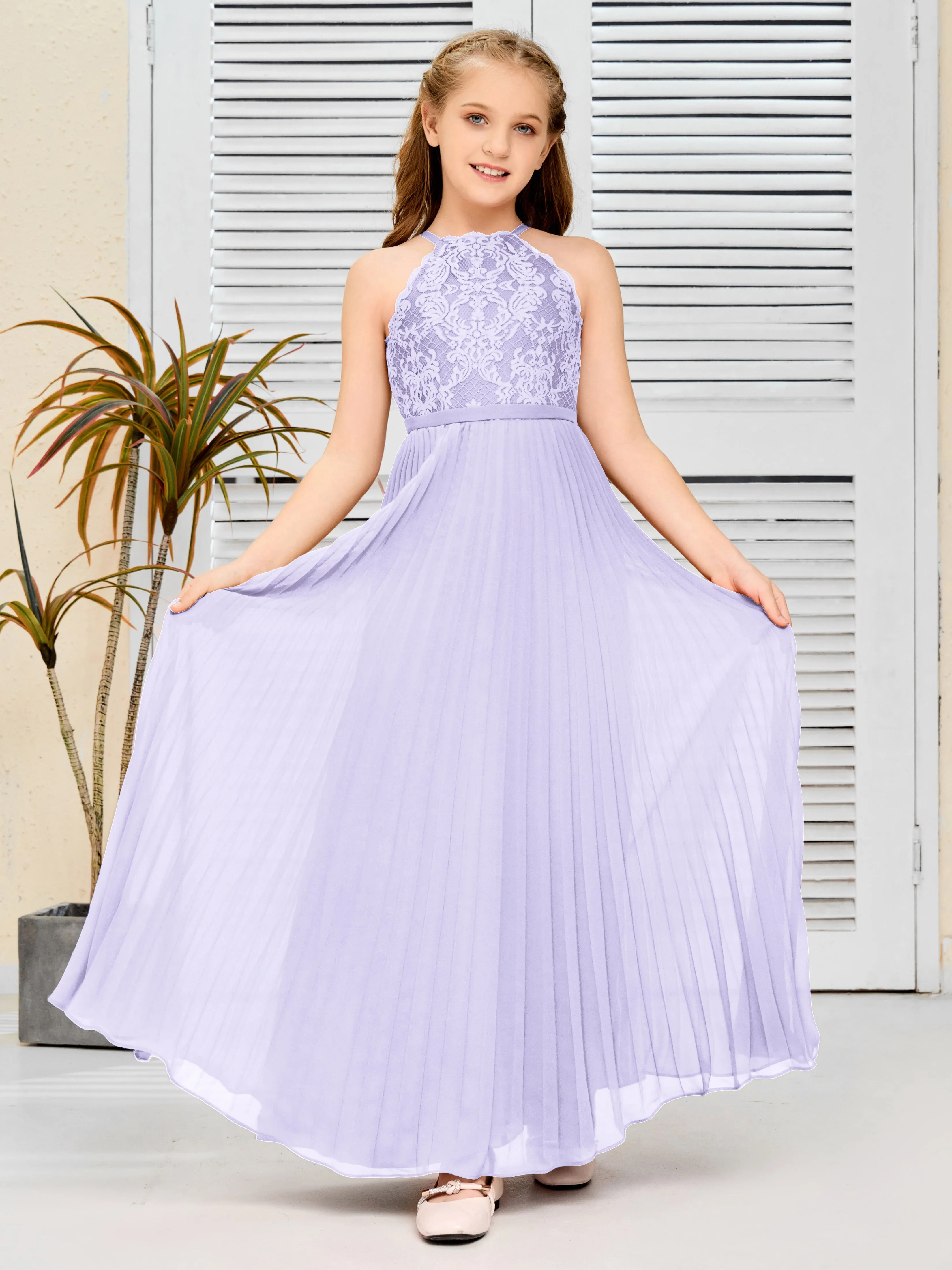 Halter Lace Sleeveless Junior Bridesmaid Dress