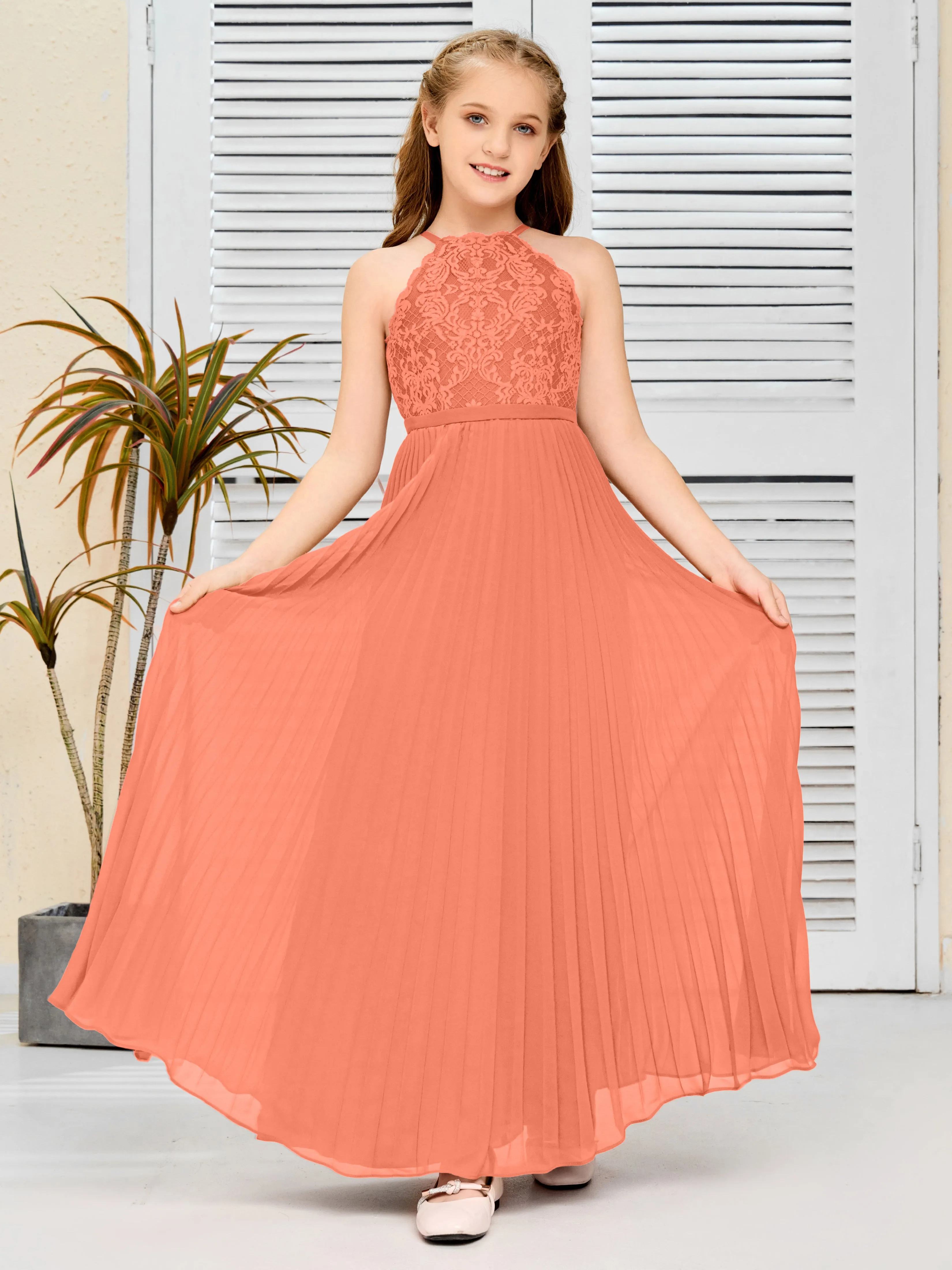 Halter Lace Sleeveless Junior Bridesmaid Dress