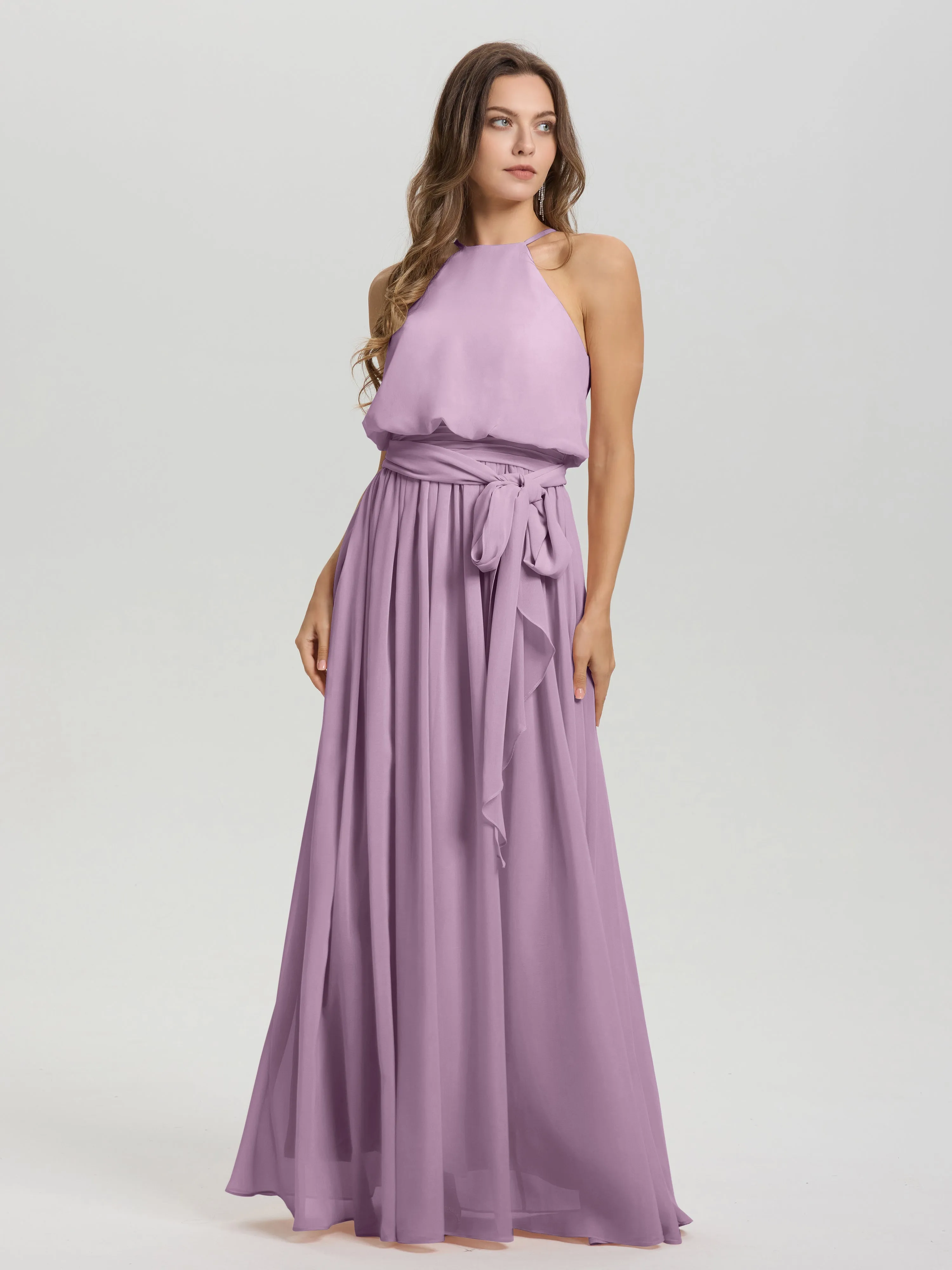 Halter Sleeveless Floor Length Chiffon Bridesmaid Dresses With Belt