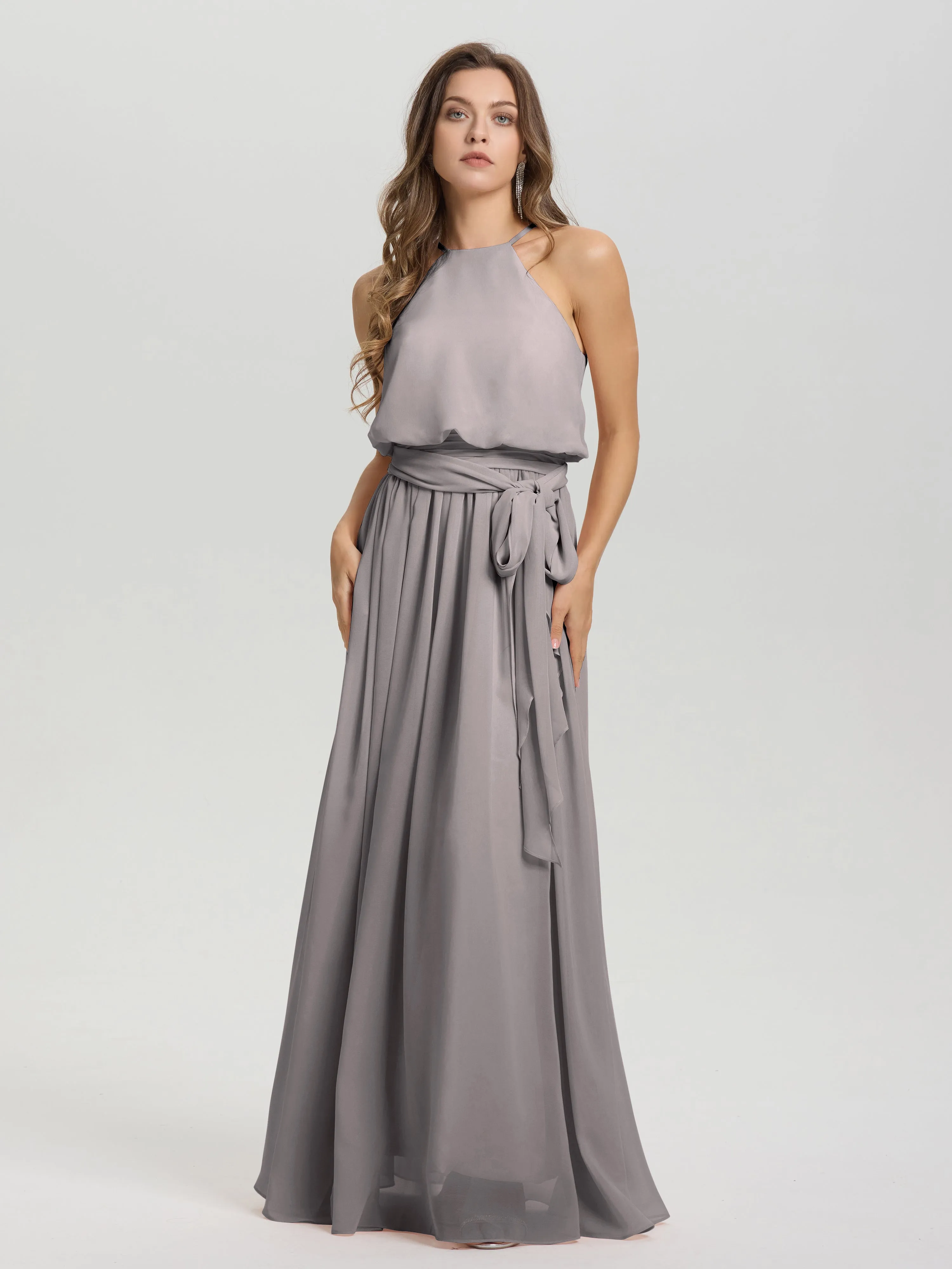 Halter Sleeveless Floor Length Chiffon Bridesmaid Dresses With Belt