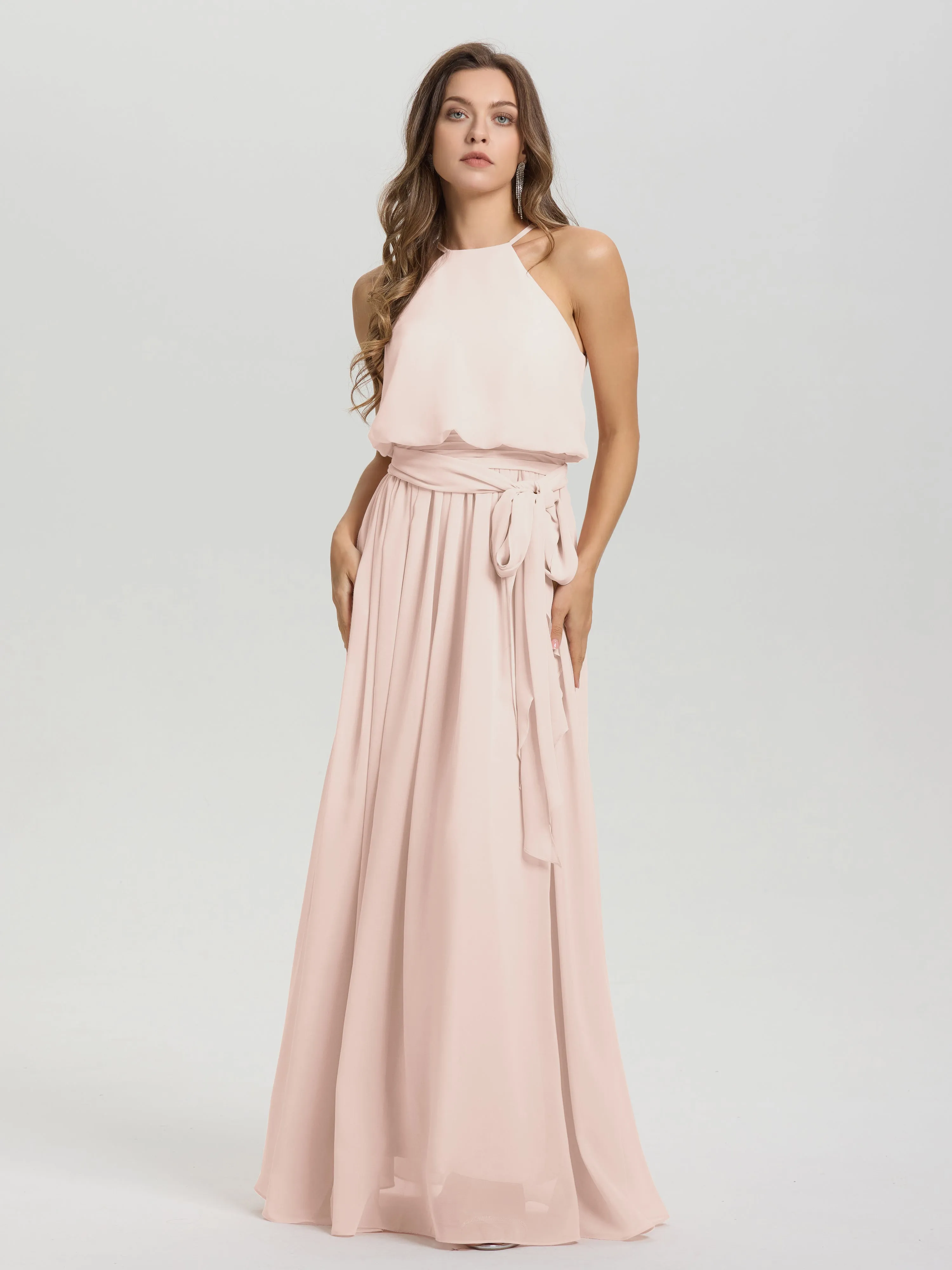 Halter Sleeveless Floor Length Chiffon Bridesmaid Dresses With Belt