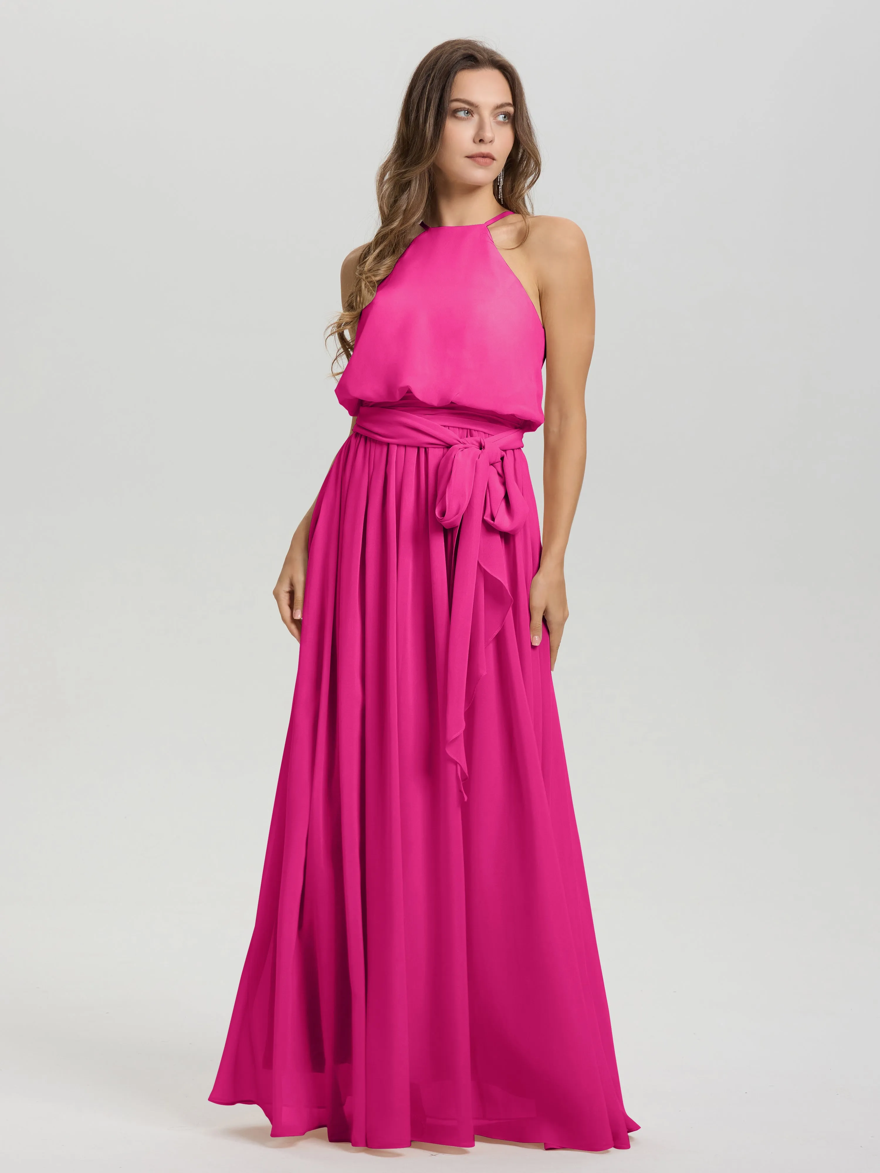 Halter Sleeveless Floor Length Chiffon Bridesmaid Dresses With Belt