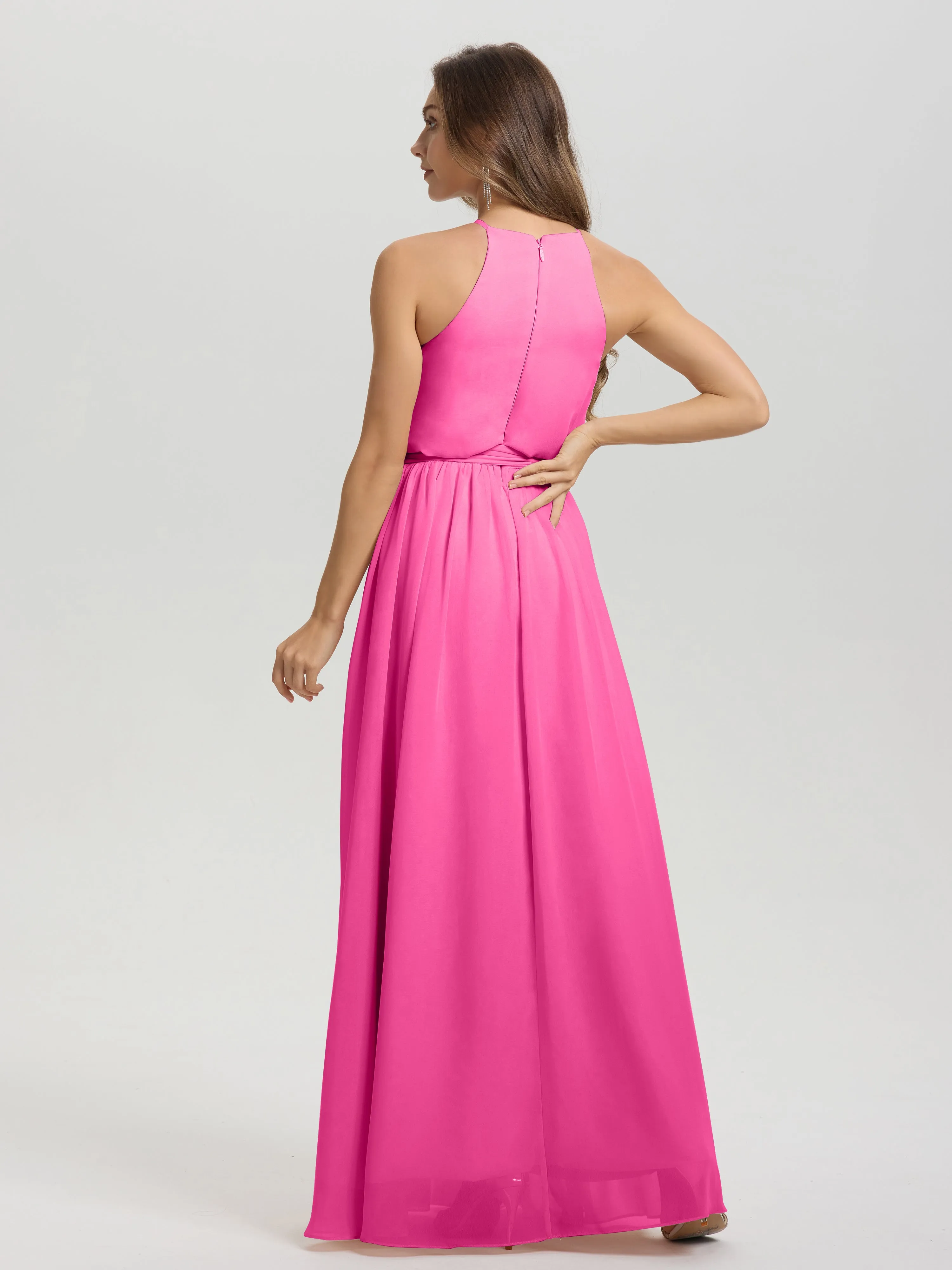 Halter Sleeveless Floor Length Chiffon Bridesmaid Dresses With Belt