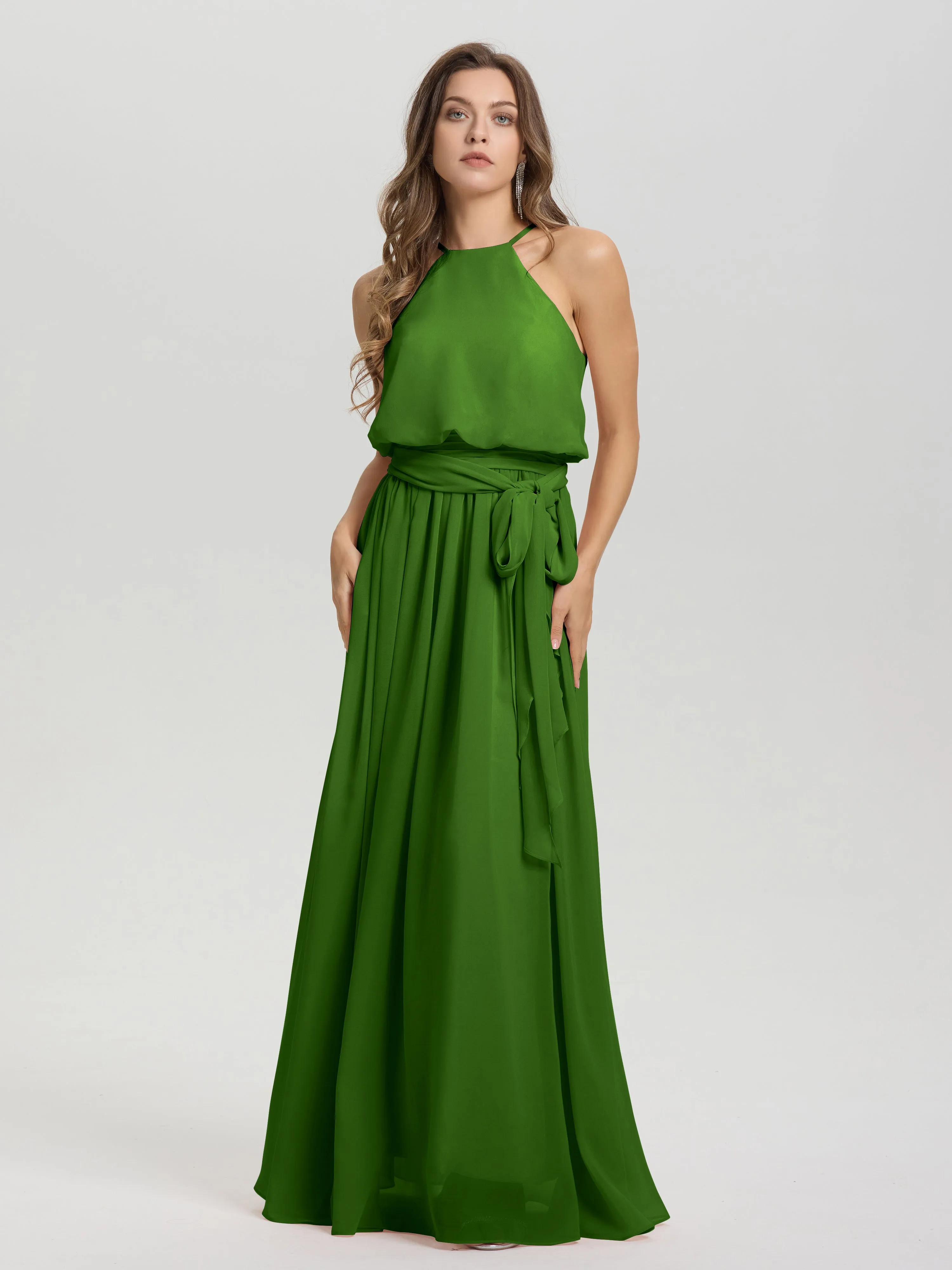 Halter Sleeveless Floor Length Chiffon Bridesmaid Dresses With Belt