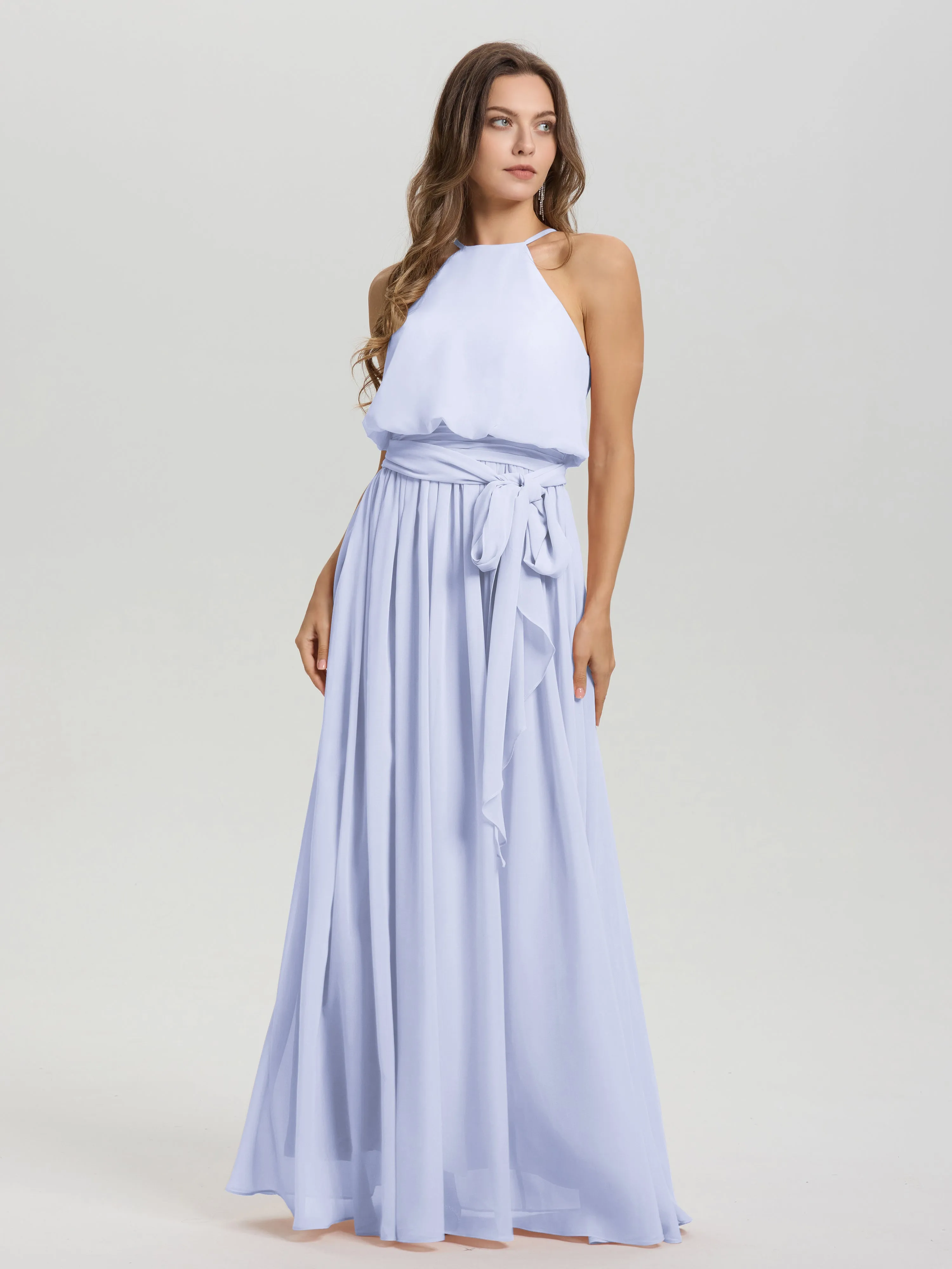 Halter Sleeveless Floor Length Chiffon Bridesmaid Dresses With Belt