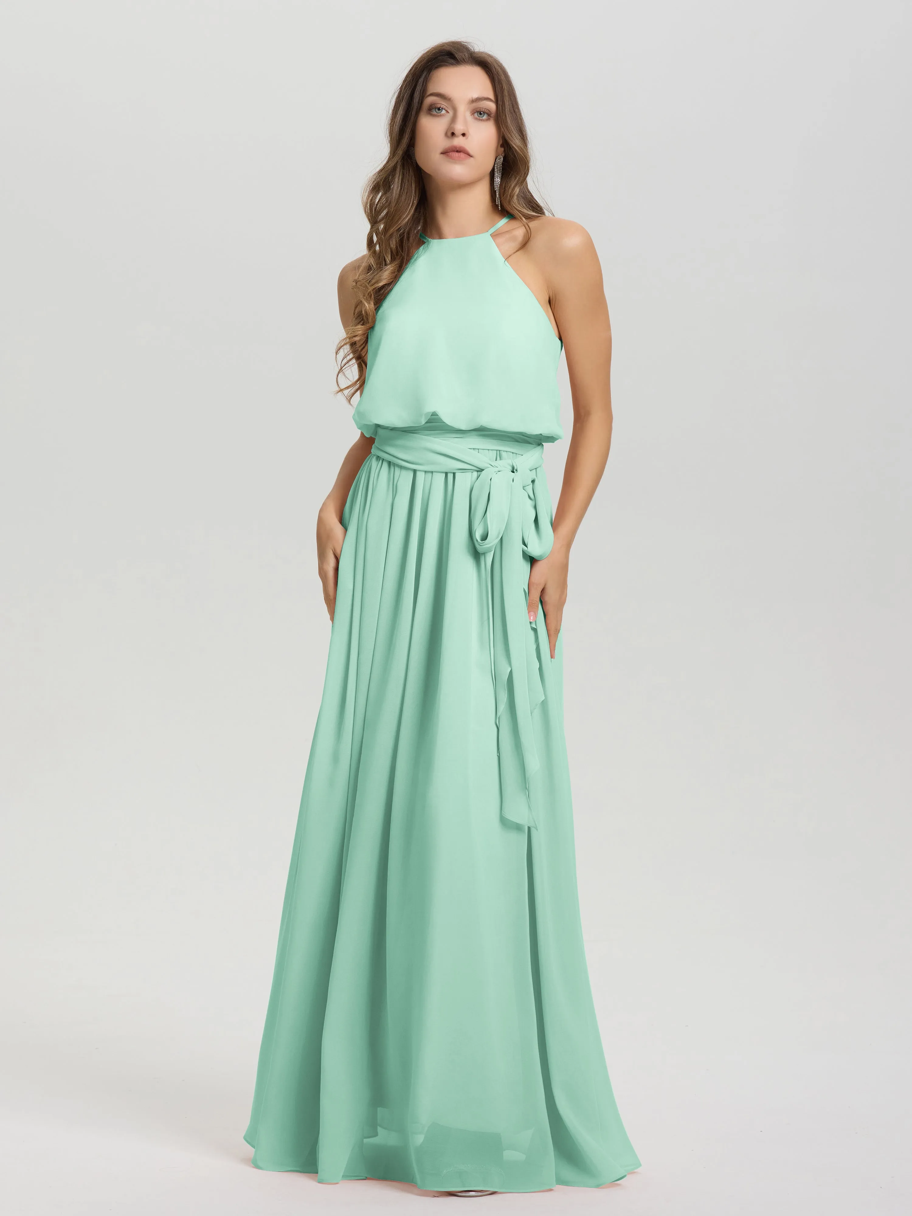 Halter Sleeveless Floor Length Chiffon Bridesmaid Dresses With Belt