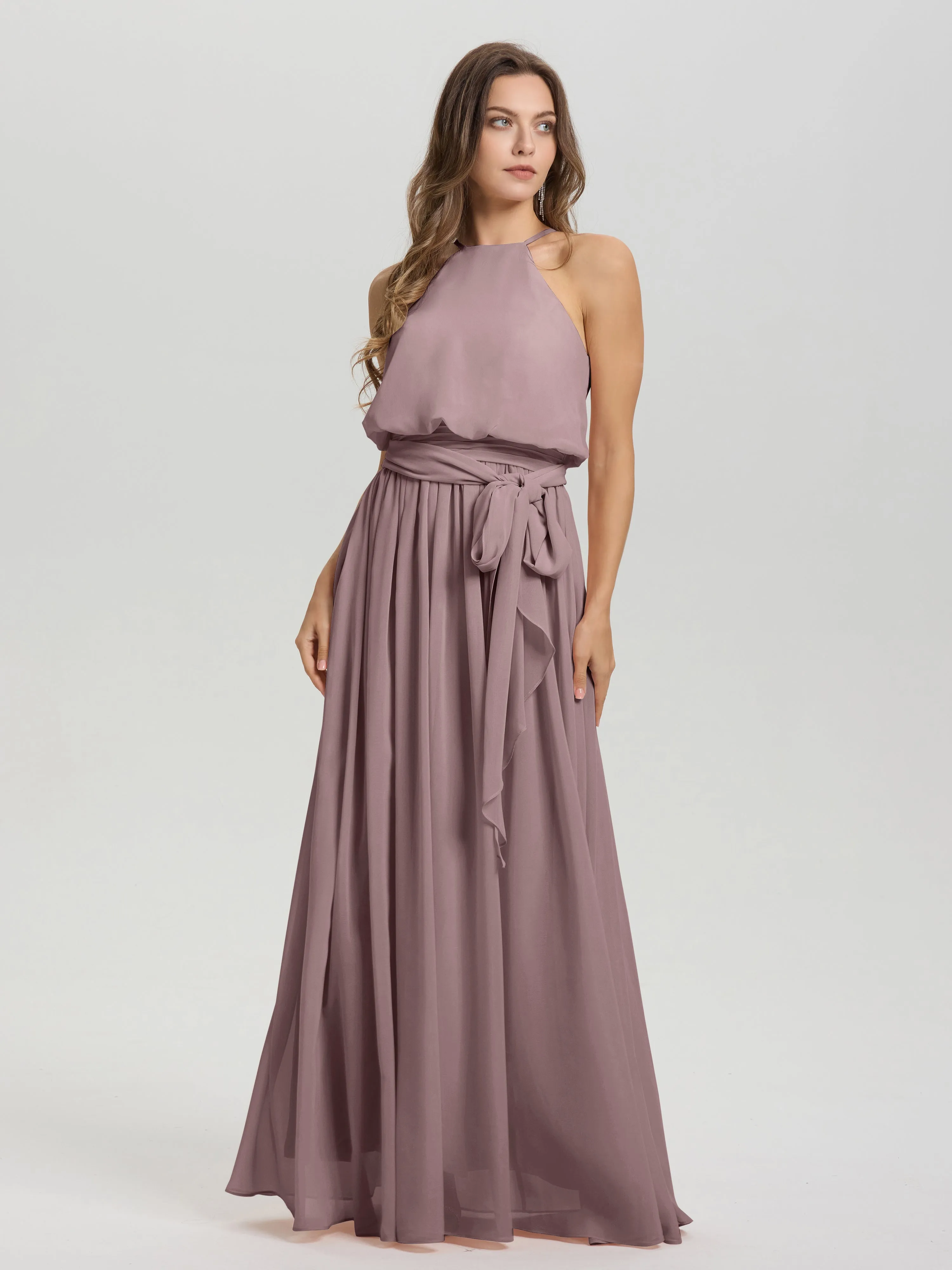 Halter Sleeveless Floor Length Chiffon Bridesmaid Dresses With Belt