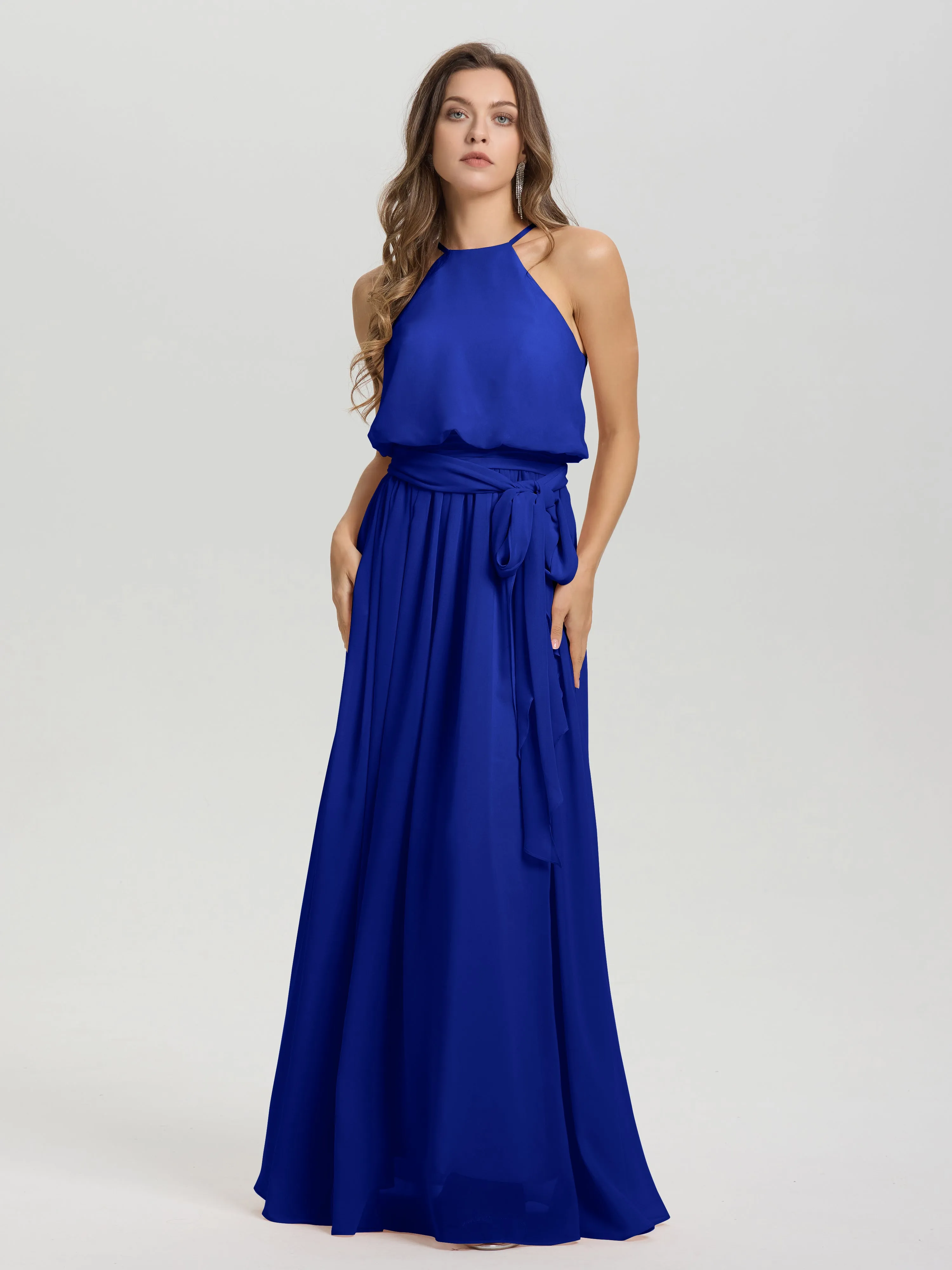 Halter Sleeveless Floor Length Chiffon Bridesmaid Dresses With Belt