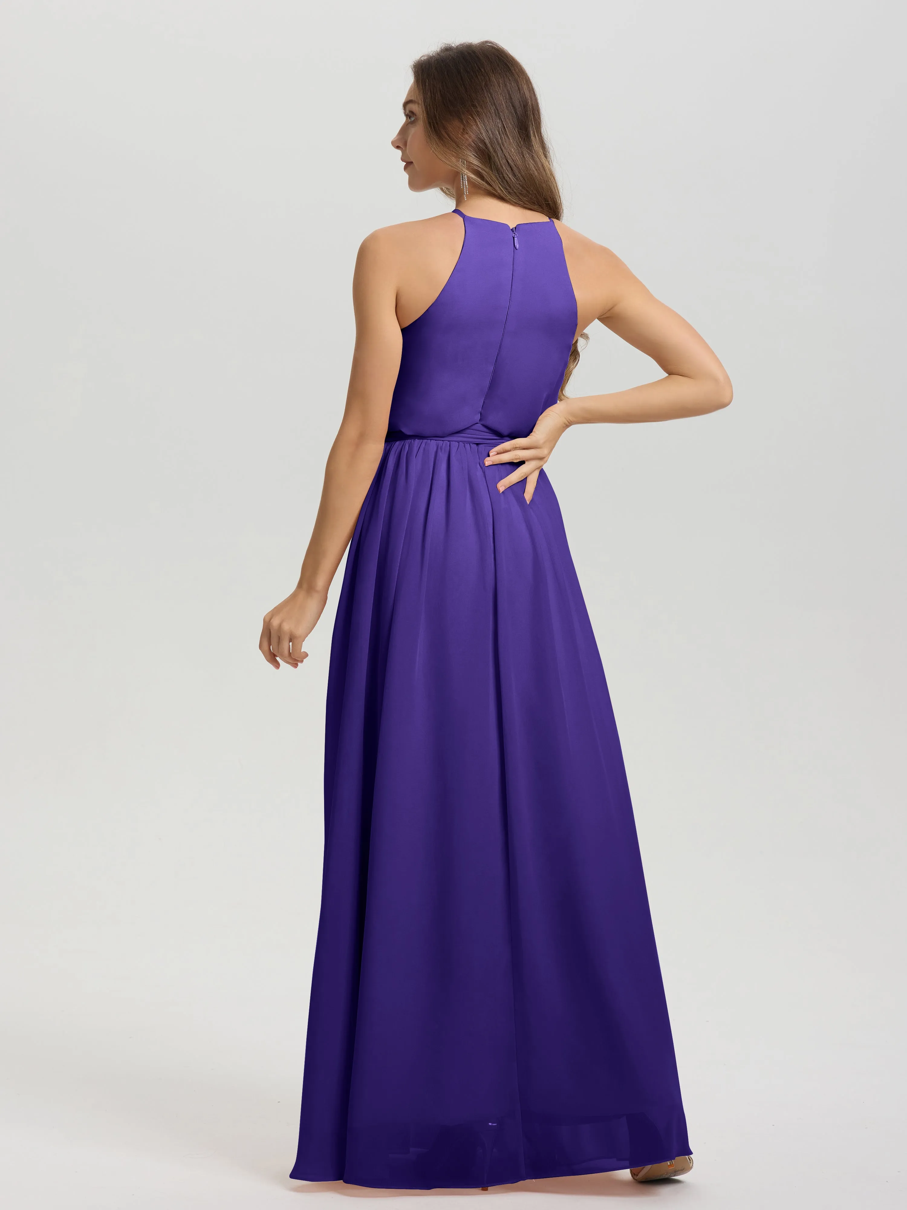 Halter Sleeveless Floor Length Chiffon Bridesmaid Dresses With Belt