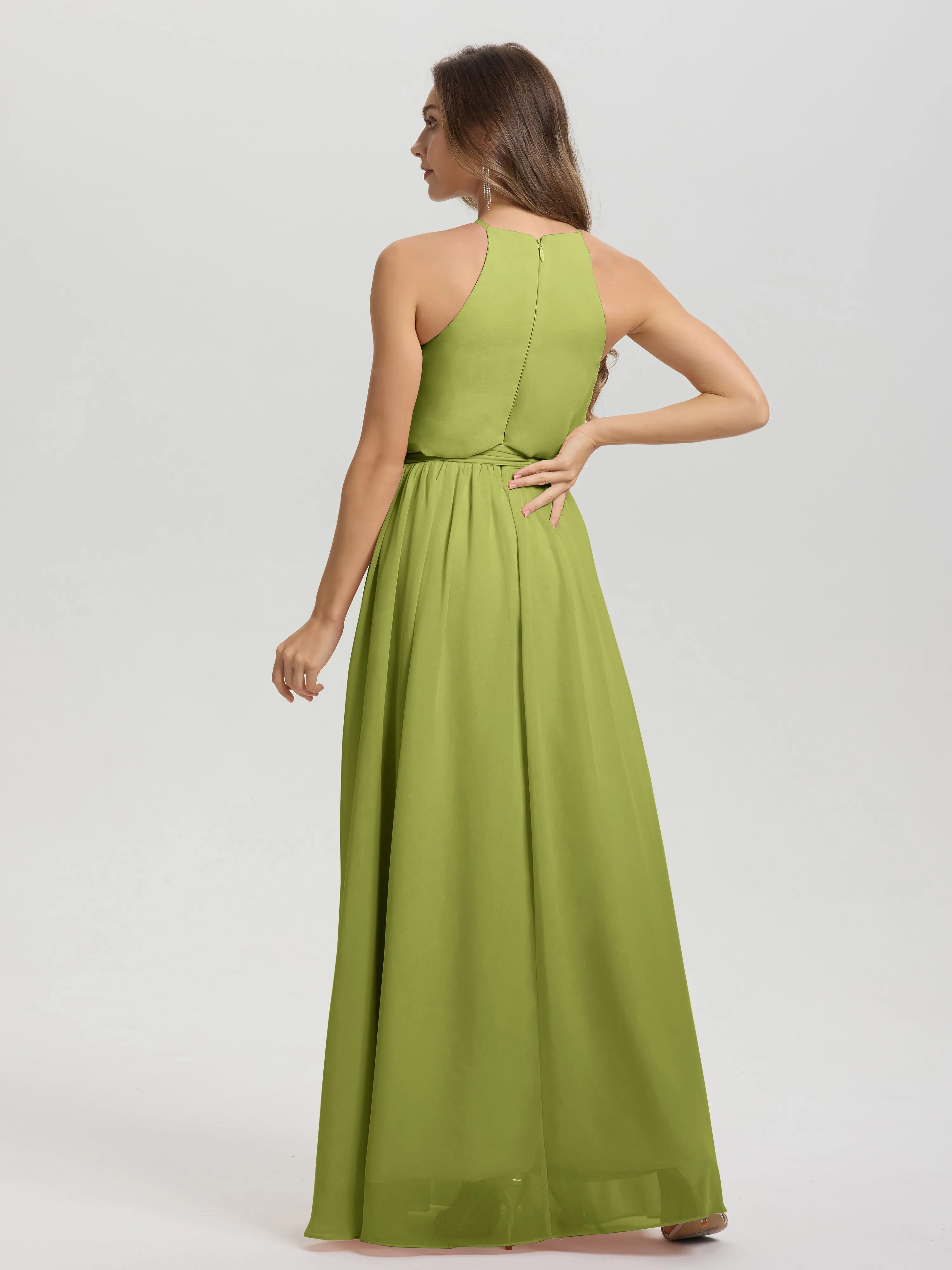 Halter Sleeveless Floor Length Chiffon Bridesmaid Dresses With Belt