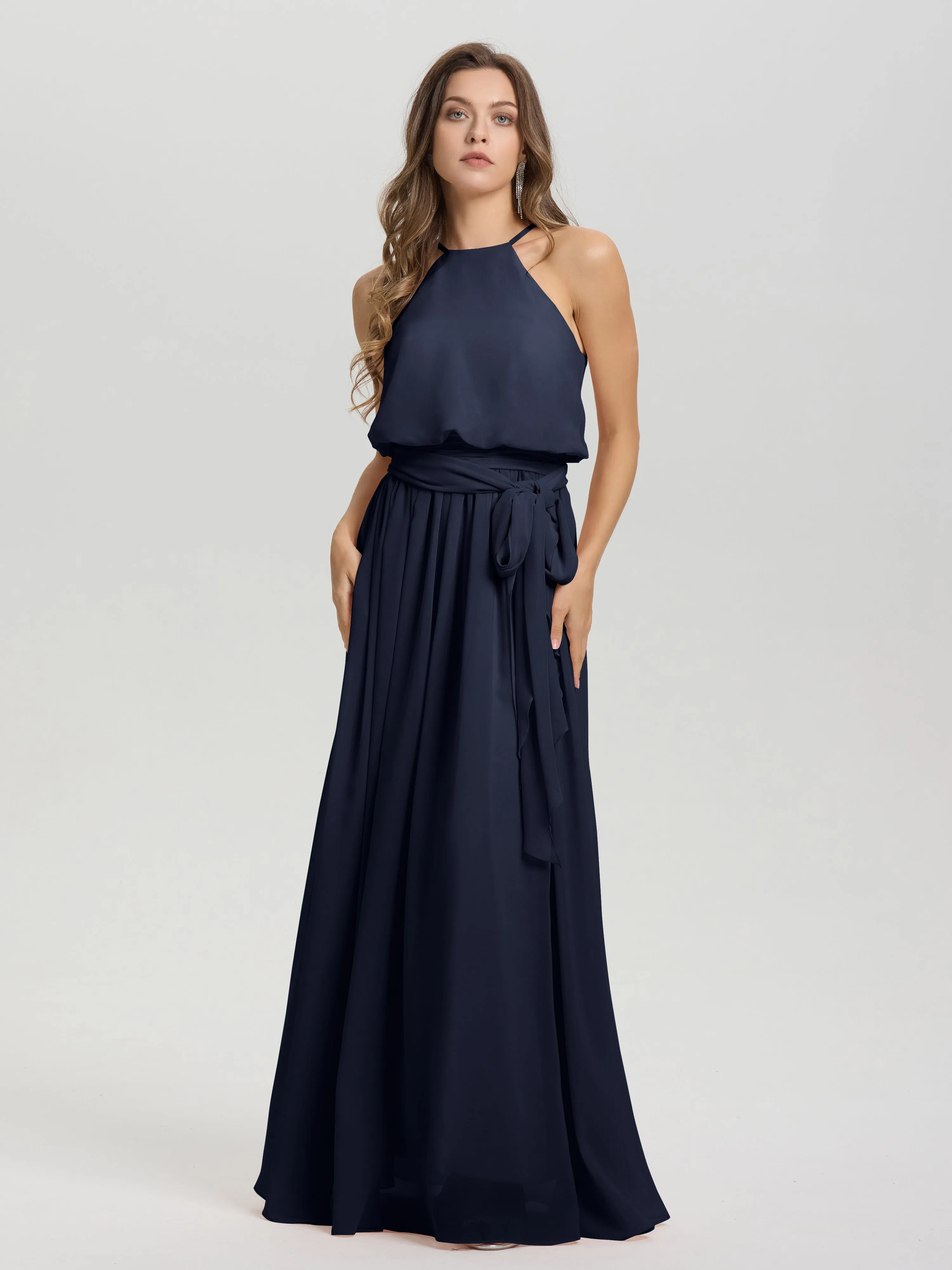 Halter Sleeveless Floor Length Chiffon Bridesmaid Dresses With Belt