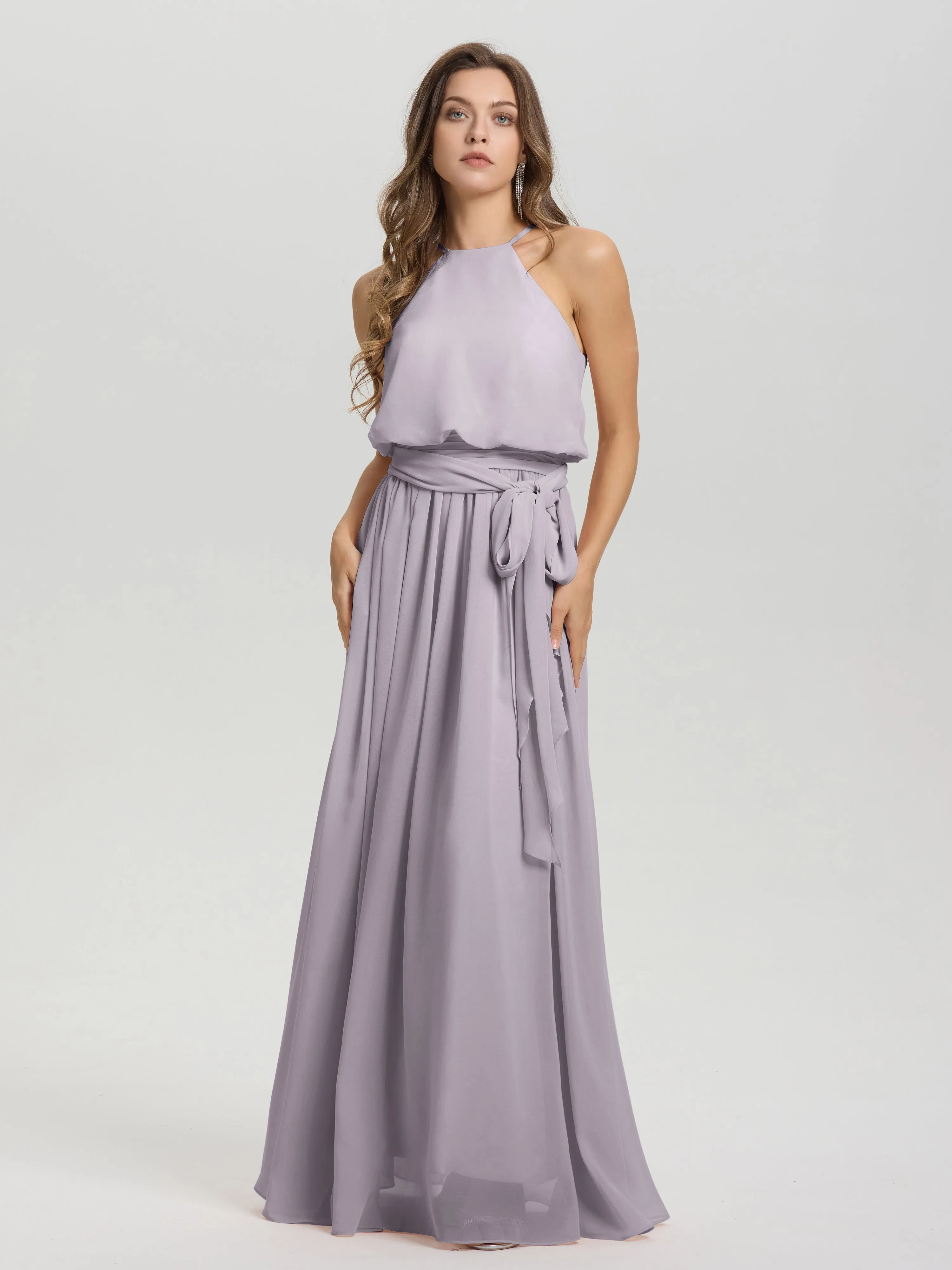 Halter Sleeveless Floor Length Chiffon Bridesmaid Dresses With Belt