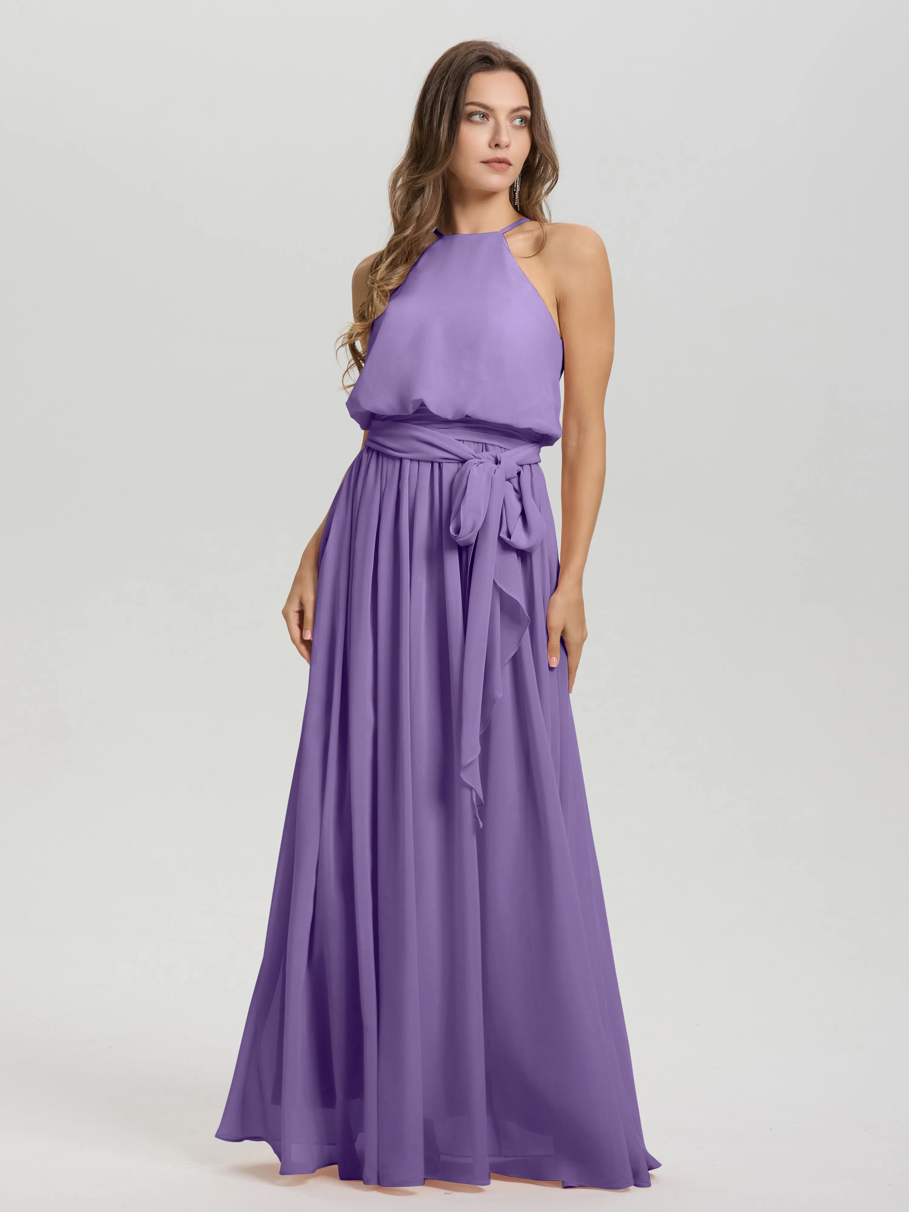 Halter Sleeveless Floor Length Chiffon Bridesmaid Dresses With Belt