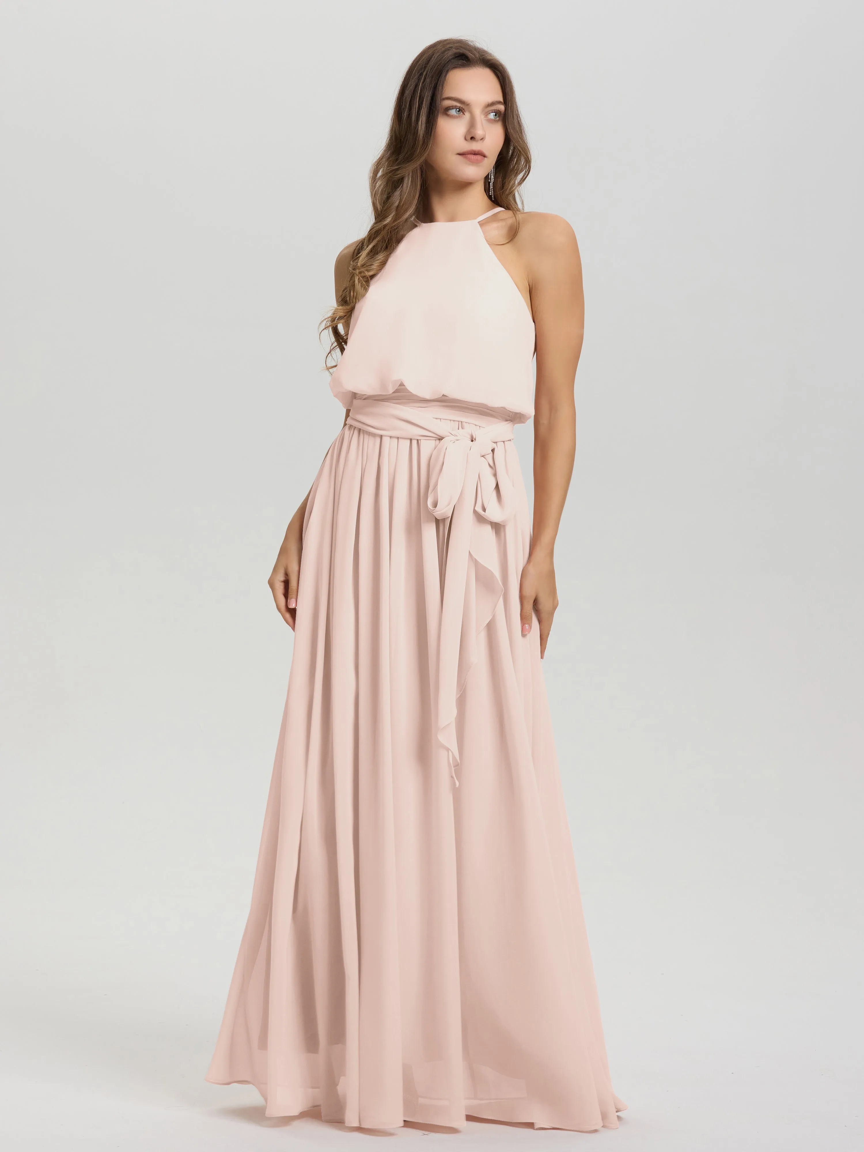 Halter Sleeveless Floor Length Chiffon Bridesmaid Dresses With Belt