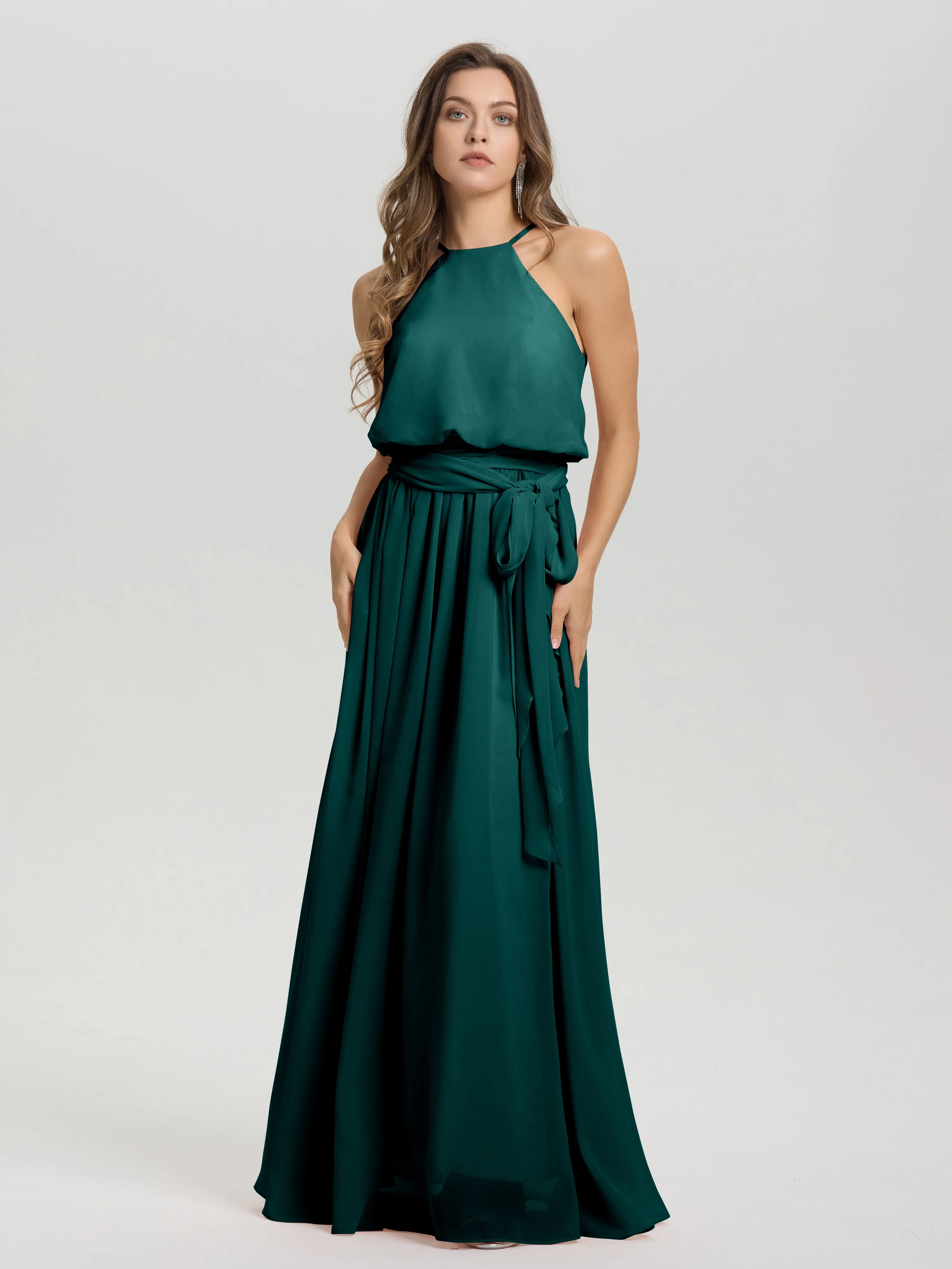 Halter Sleeveless Floor Length Chiffon Bridesmaid Dresses With Belt