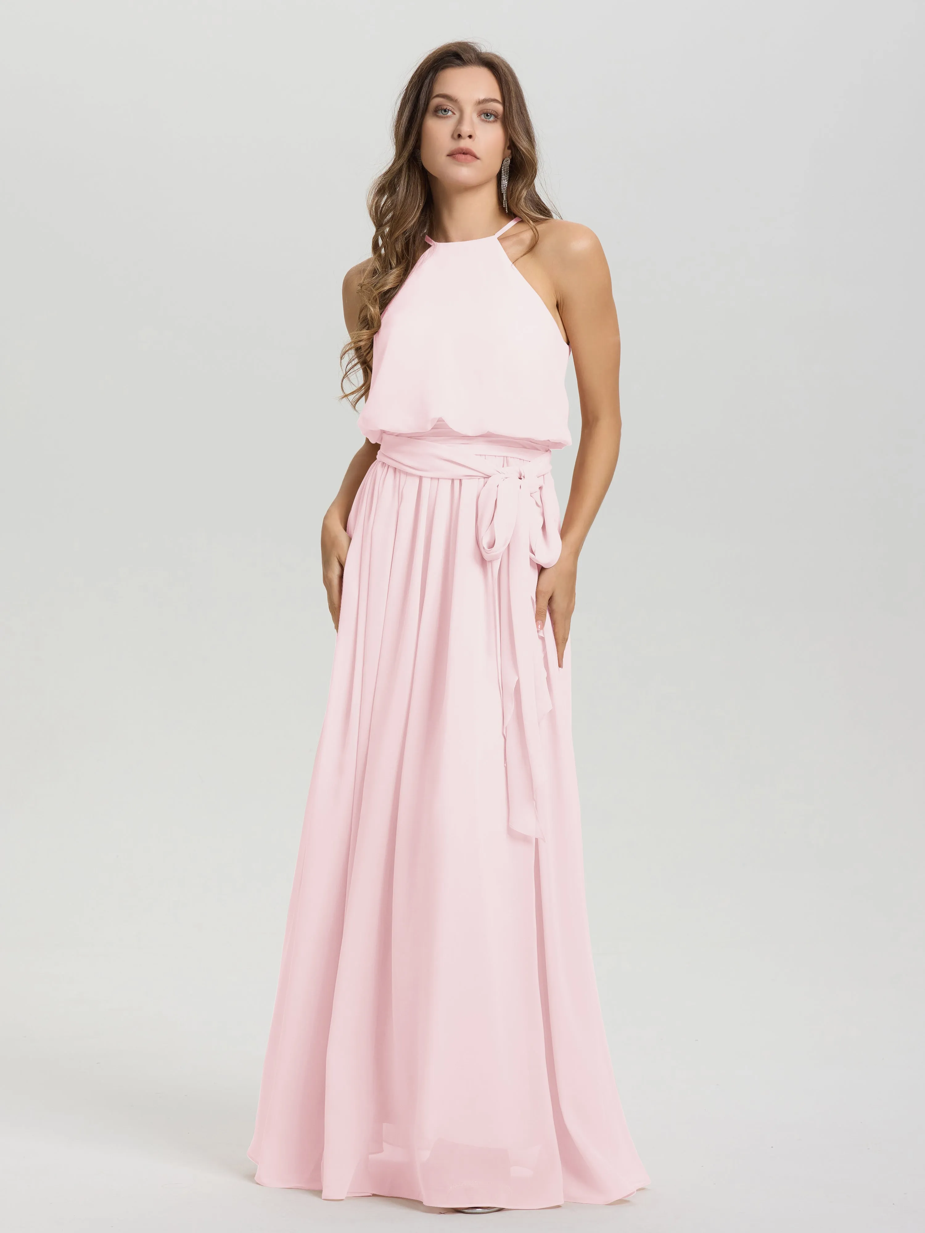 Halter Sleeveless Floor Length Chiffon Bridesmaid Dresses With Belt