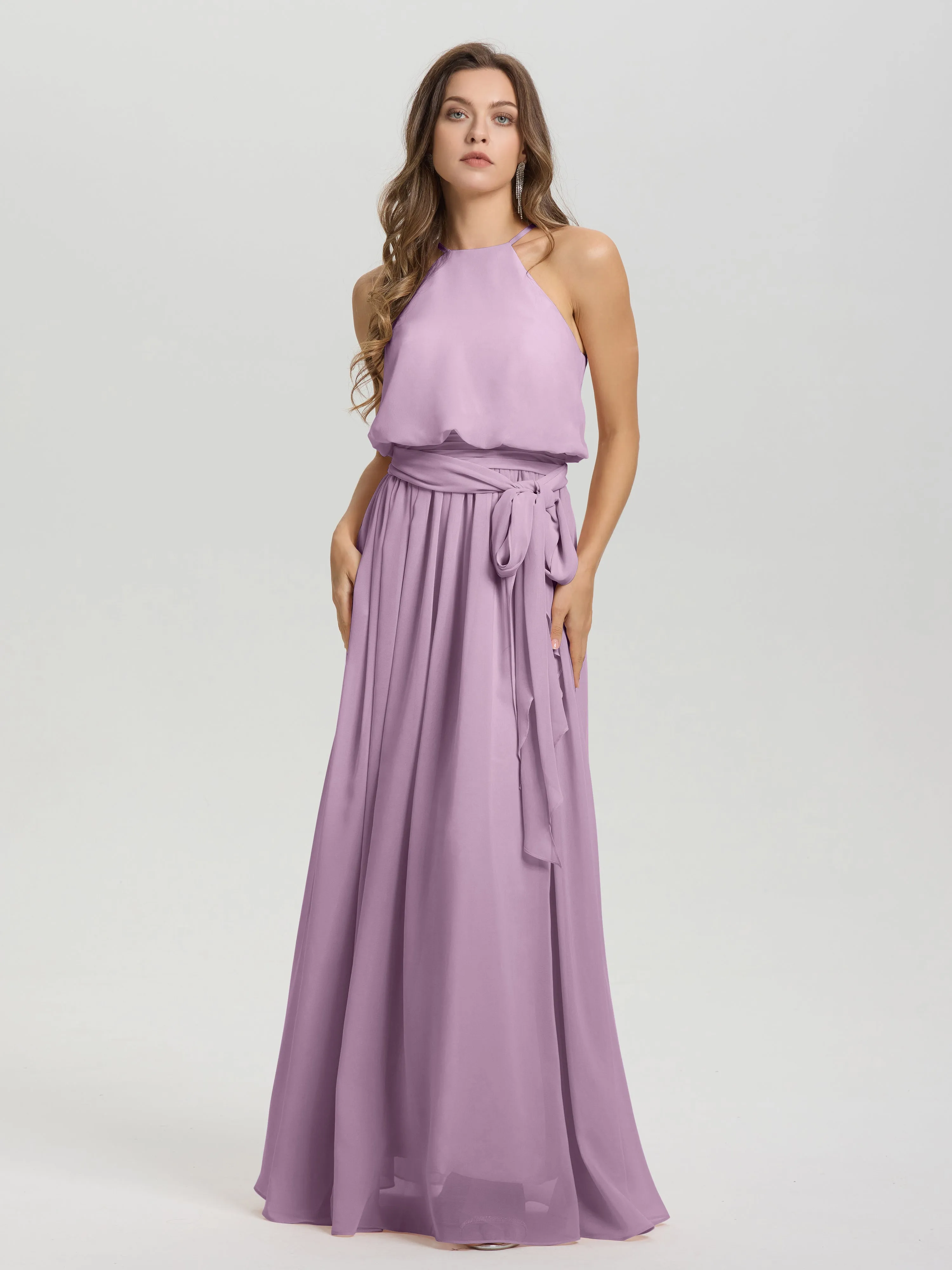 Halter Sleeveless Floor Length Chiffon Bridesmaid Dresses With Belt