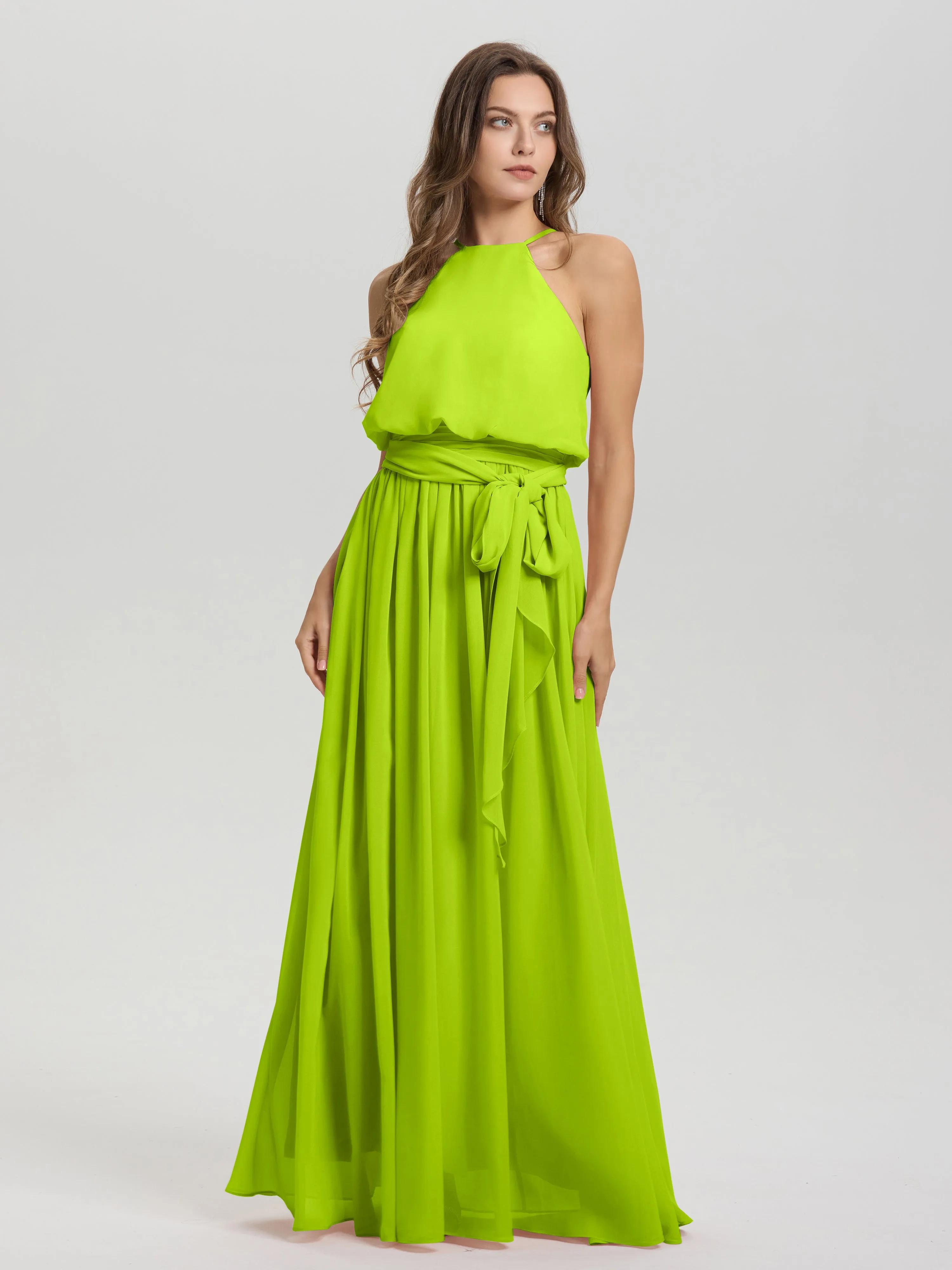 Halter Sleeveless Floor Length Chiffon Bridesmaid Dresses With Belt