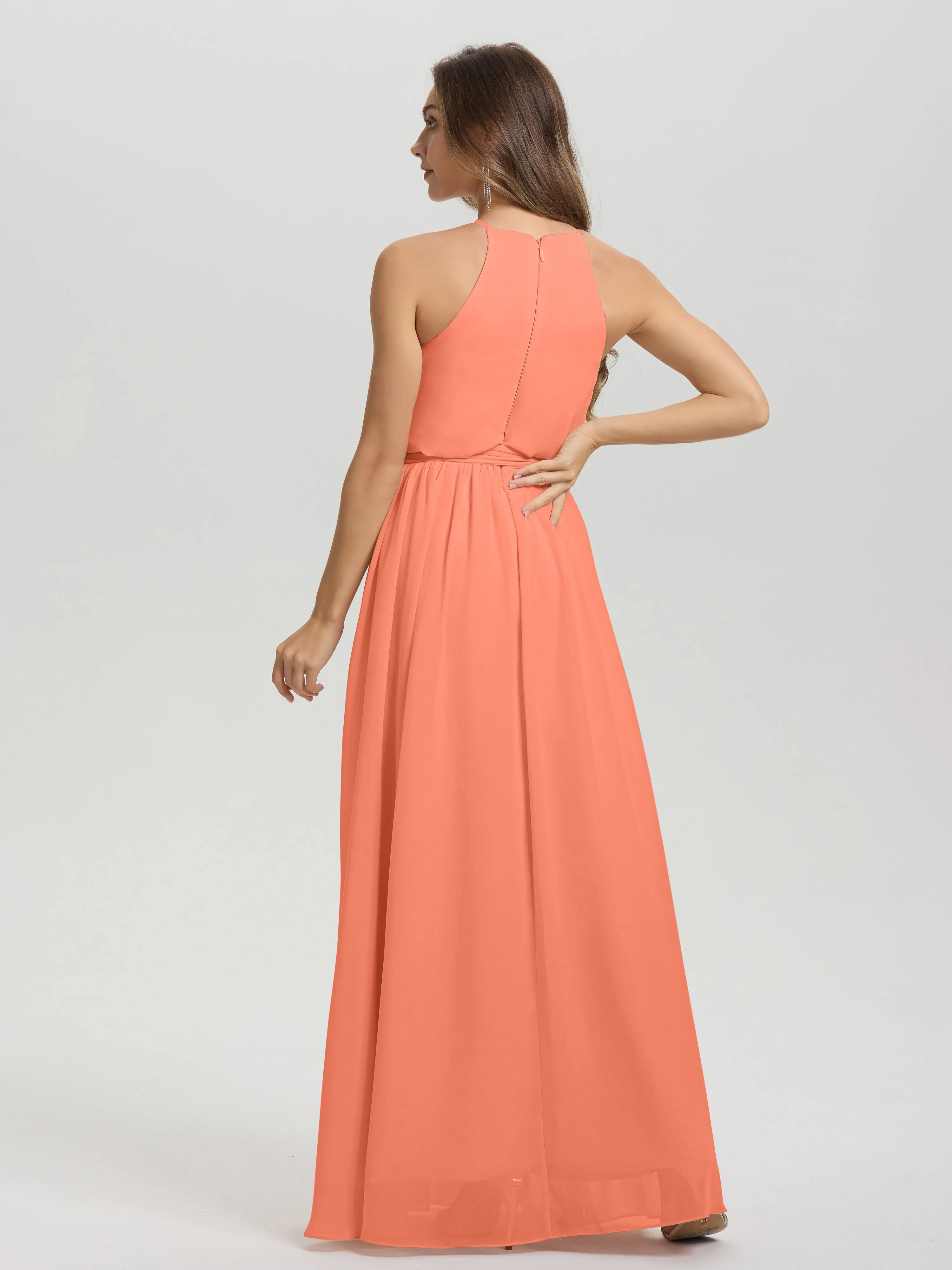 Halter Sleeveless Floor Length Chiffon Bridesmaid Dresses With Belt