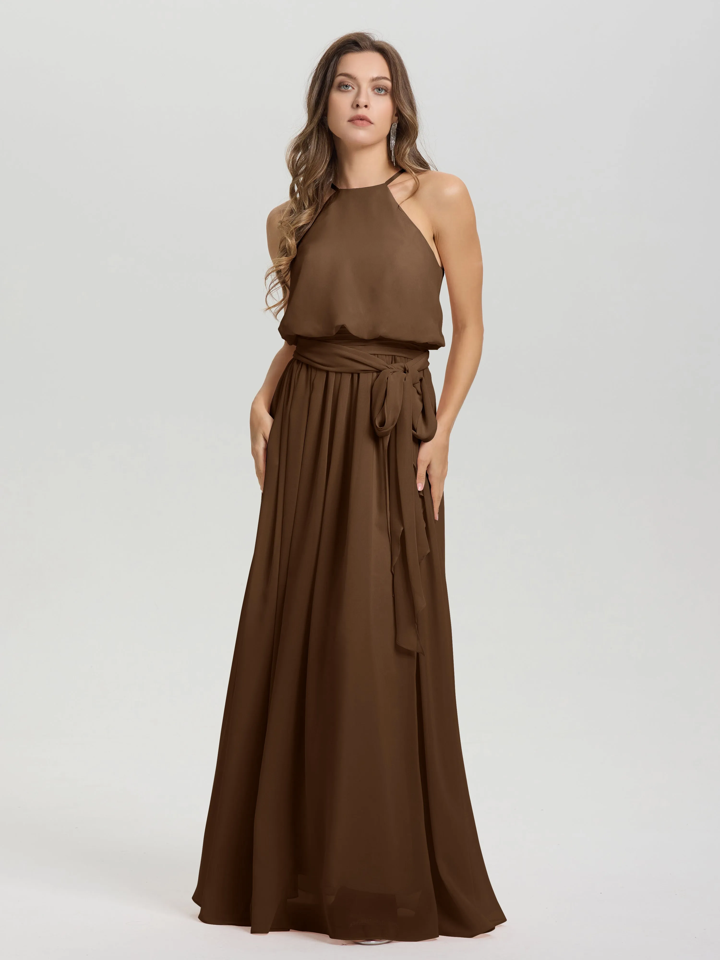 Halter Sleeveless Floor Length Chiffon Bridesmaid Dresses With Belt